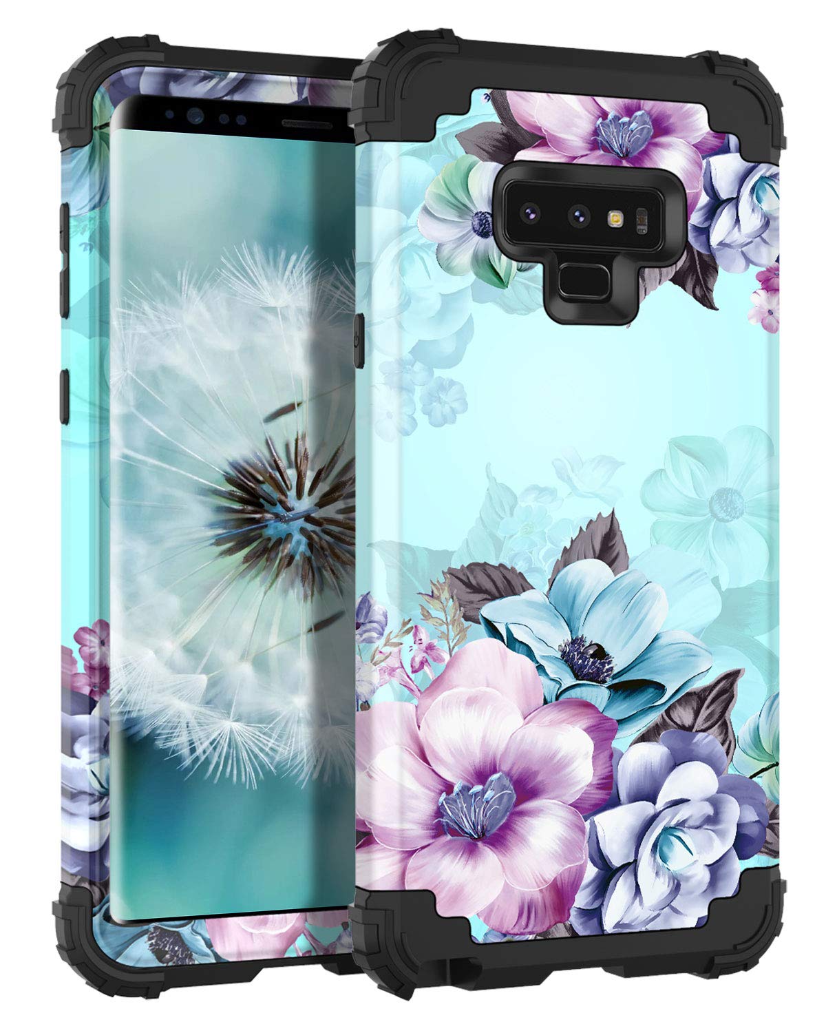 Casetego Compatible With Galaxy Note 9 Case,Floral Three Layer Heavy Duty Sturdy Shockproof Full Body Protective Case For Samsung Galaxy Note 9,Blue Flower