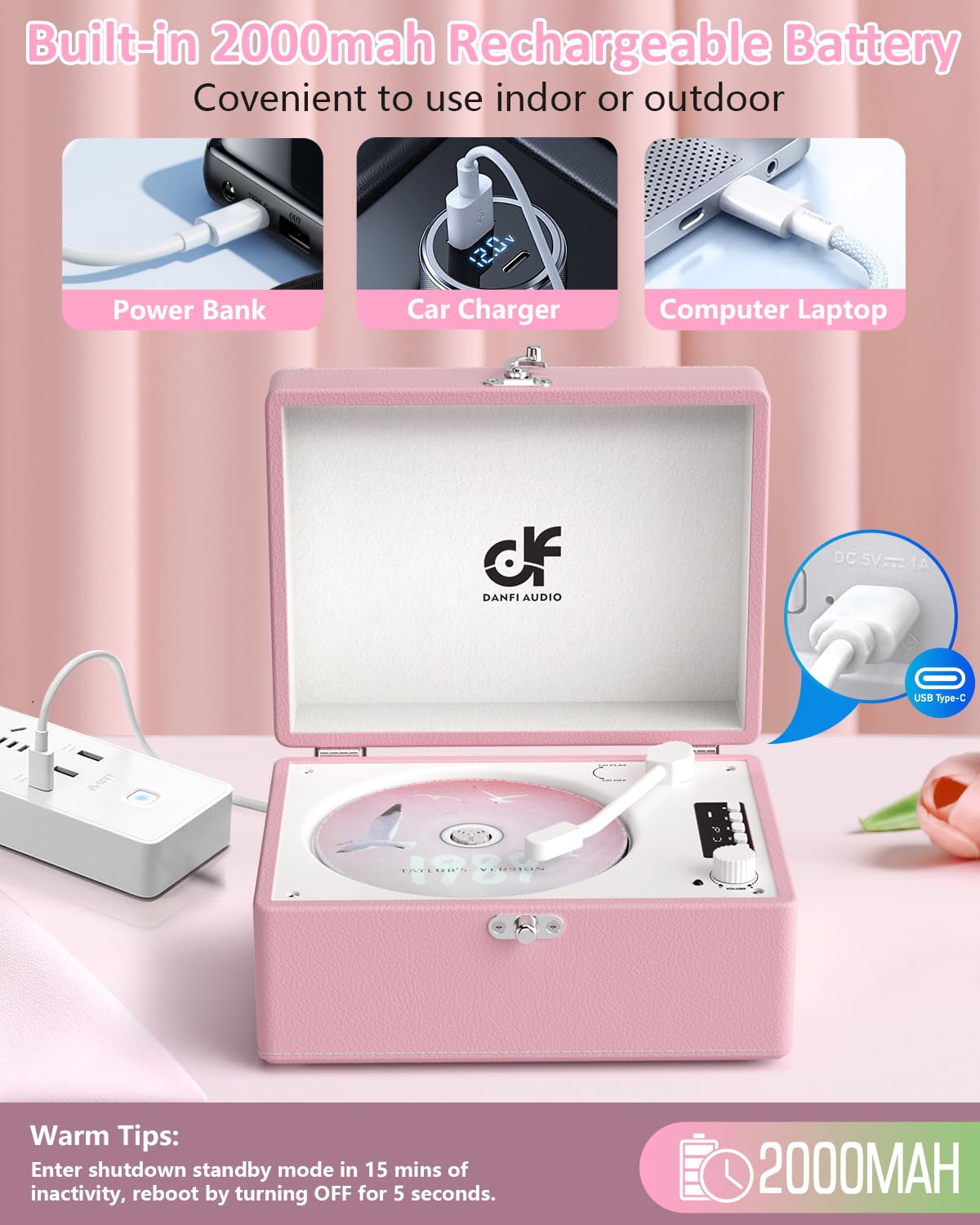DANFI AUDIO DF CD Player Retro Bluetooth Portable Boombox - Light Pink, Small, Rechargeable, LED Screen, Model CD-001