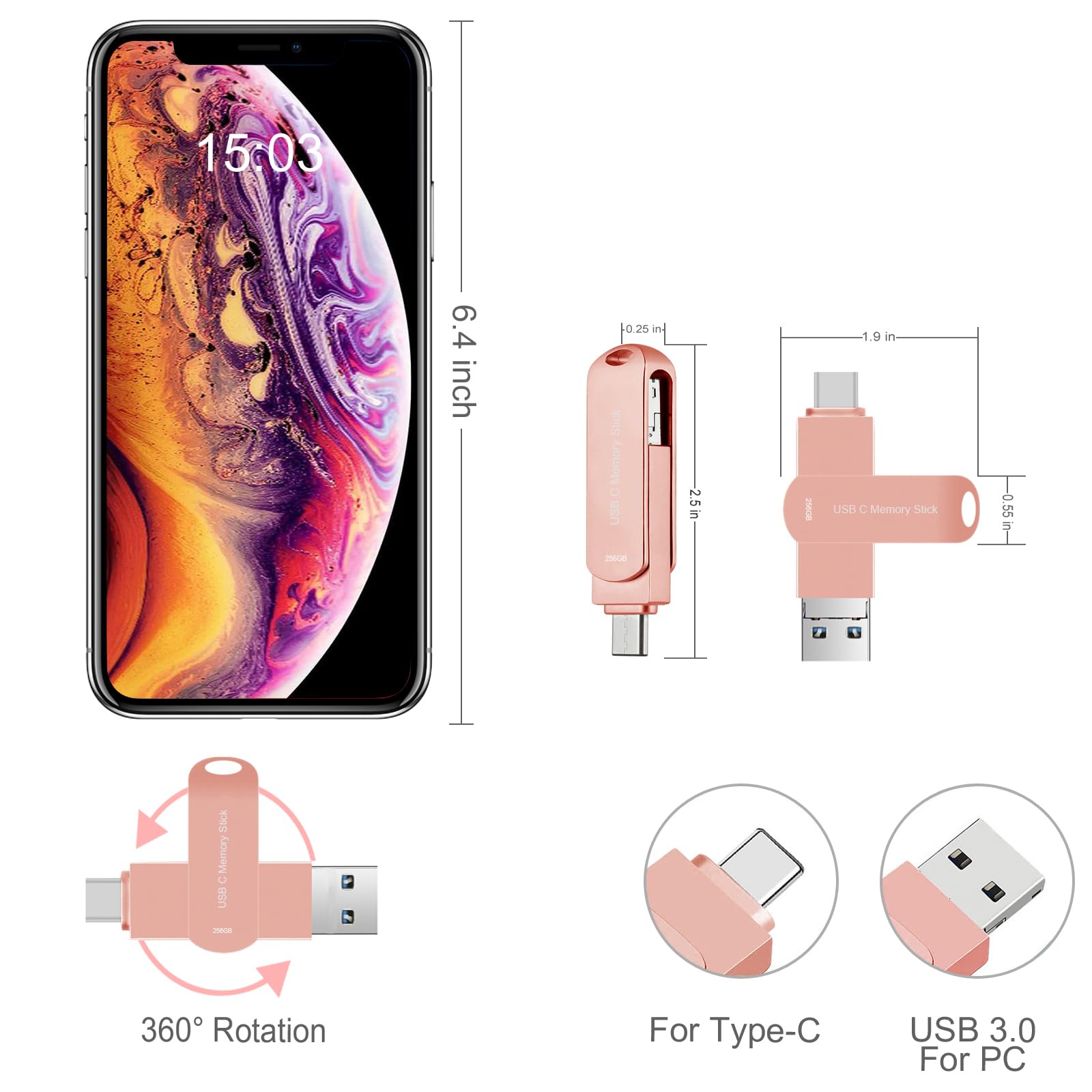 Usb Drive 256Gb For Phone, Usb C Usb3.2 2In1, Hupins Memory Stick 170Mb/S High Speed Read, 120Mb/S High Speed Write, Compatible