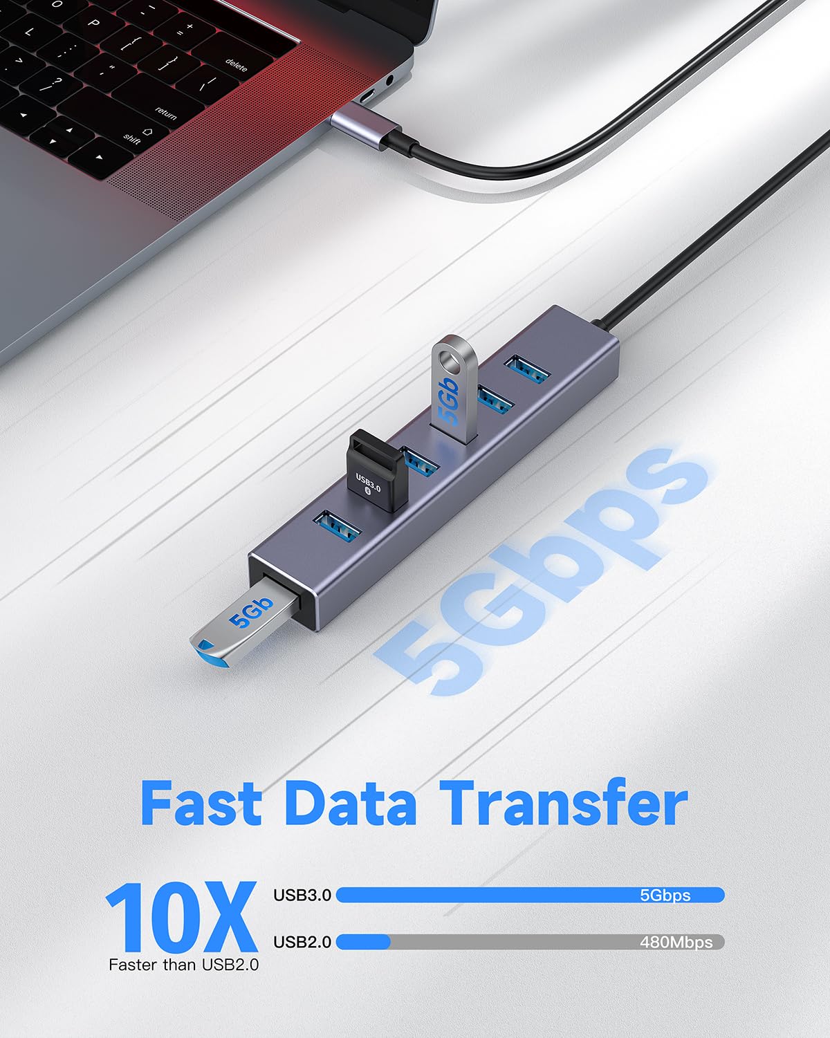 Usb C To Usb Hub, 8 Ports Usb 3.0 Adapter With 7 Usb 3.0 Data Ports,Usb C Splitter With Usb C 5V/3A Power Port, 7.9In/20Cm Main