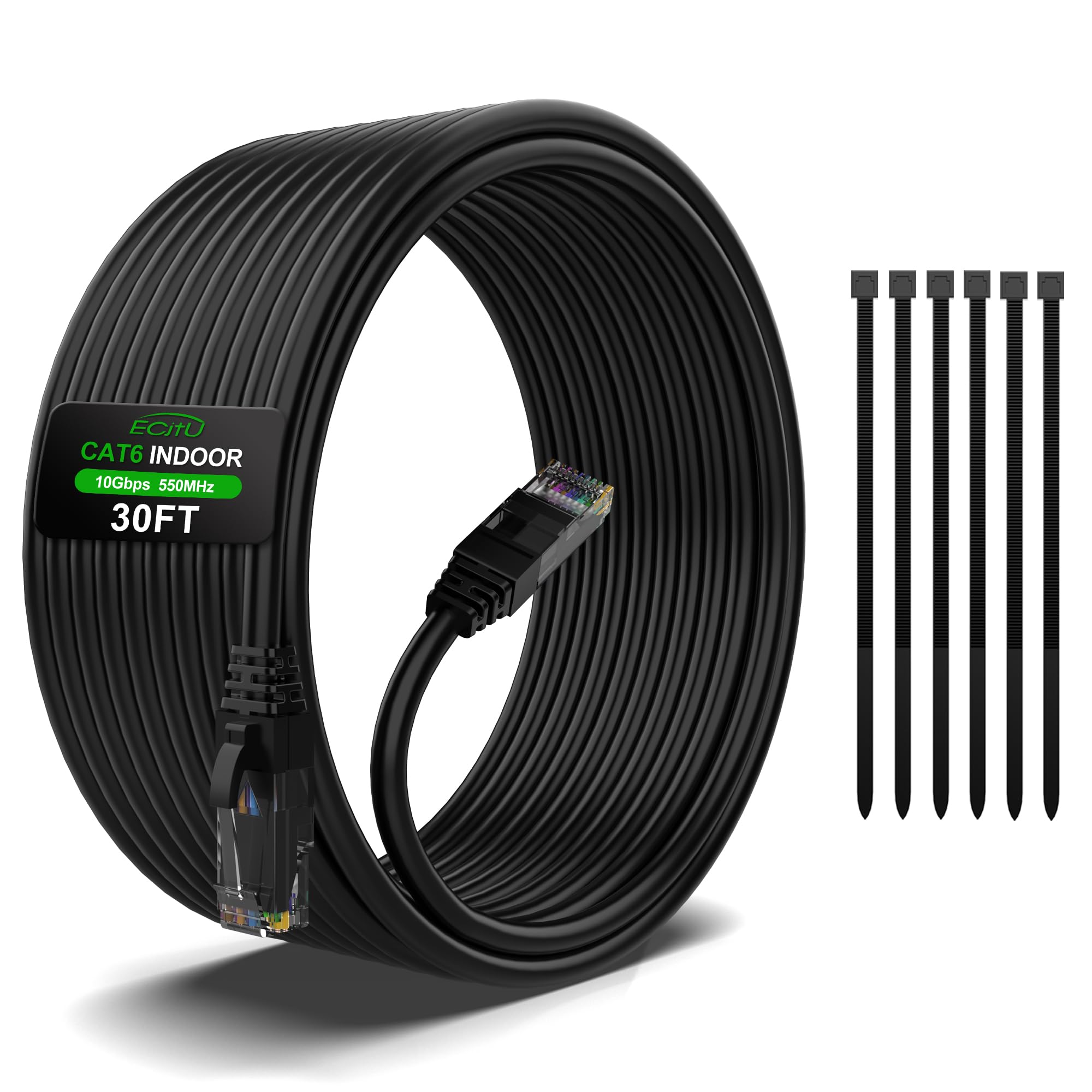 30Ft Cat6 Ethernet Cable, Cat 6 Patch Cable, Cat6 Internet Cable, Utp Network Cable, Indoor And Outdoor, Poe, 24Awg Cca, Compatible For Pc, Laptop, Router, Switch, Server, With 25 Cable Ties   Black