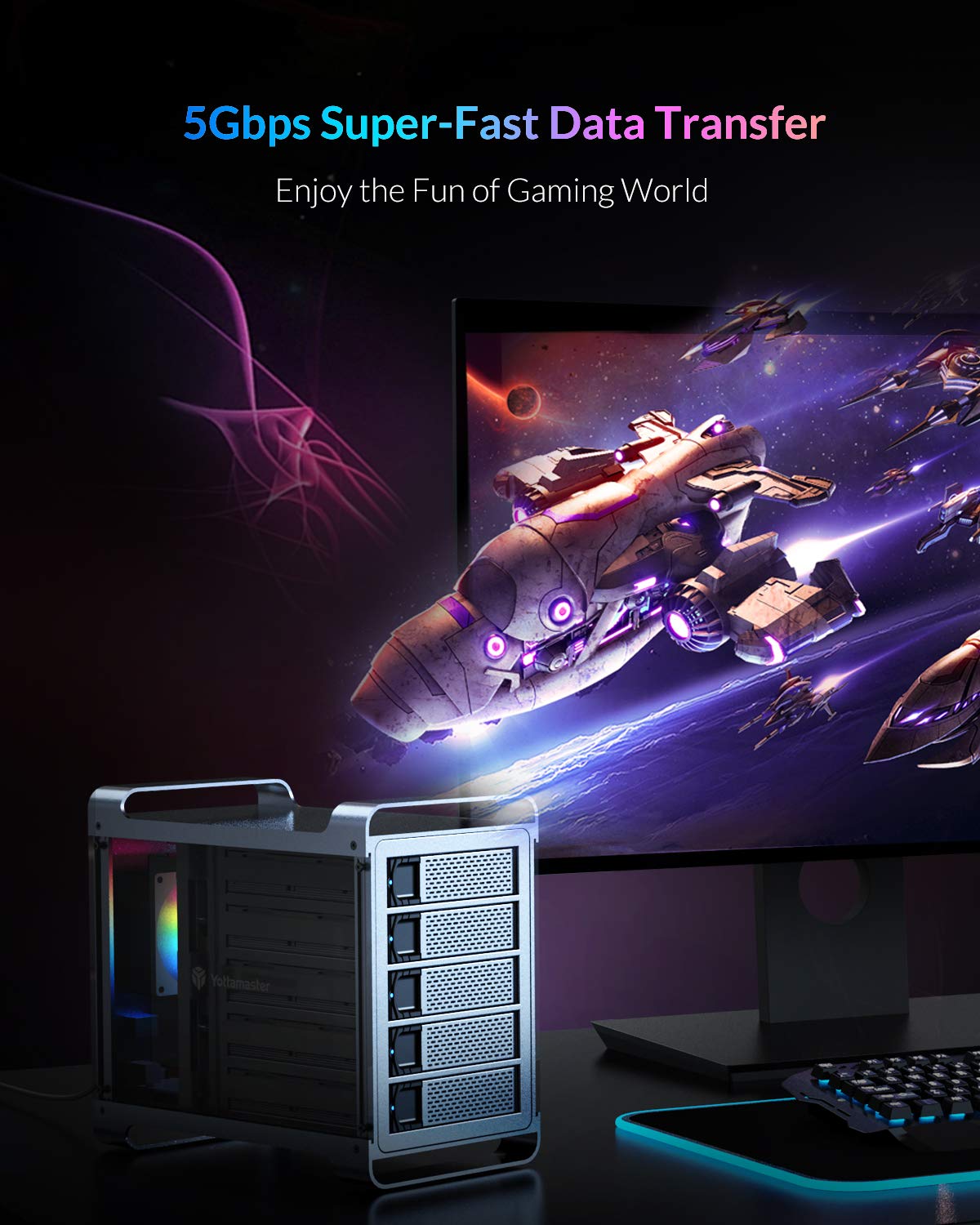 Yottamaster 5 Bay Hard Drive Enclosure,Aluminum Alloy 2.5''& 3.5'' Sata Hdd/Ssd External Hdd Ssd Storage Enclosure With 80Mm Rgb