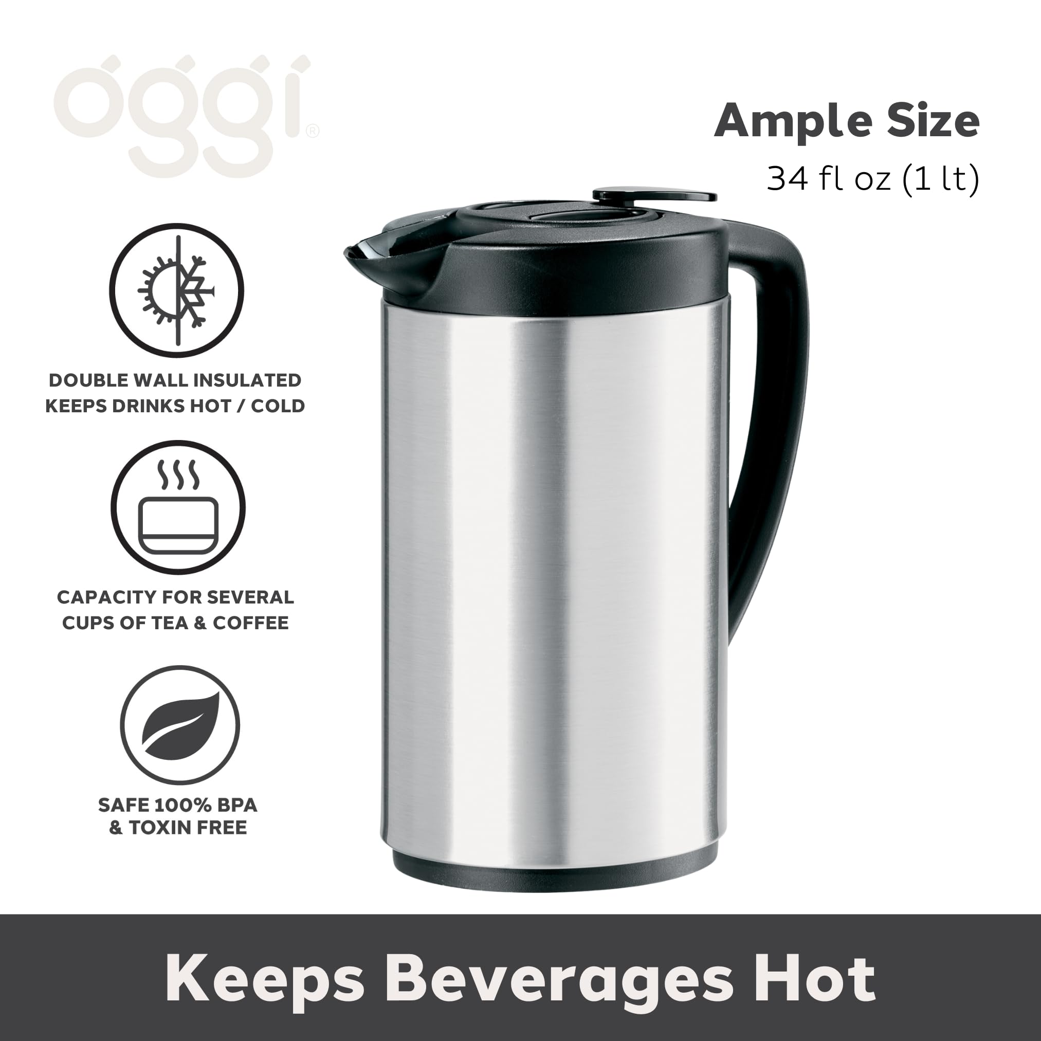 Oggi Oval Carafe Glass Liner   Stainless Steel Body, 1 Liter / 34Oz Capacity   Ideal Glass Vacuum Coffee Carafe And Tea Thermos,