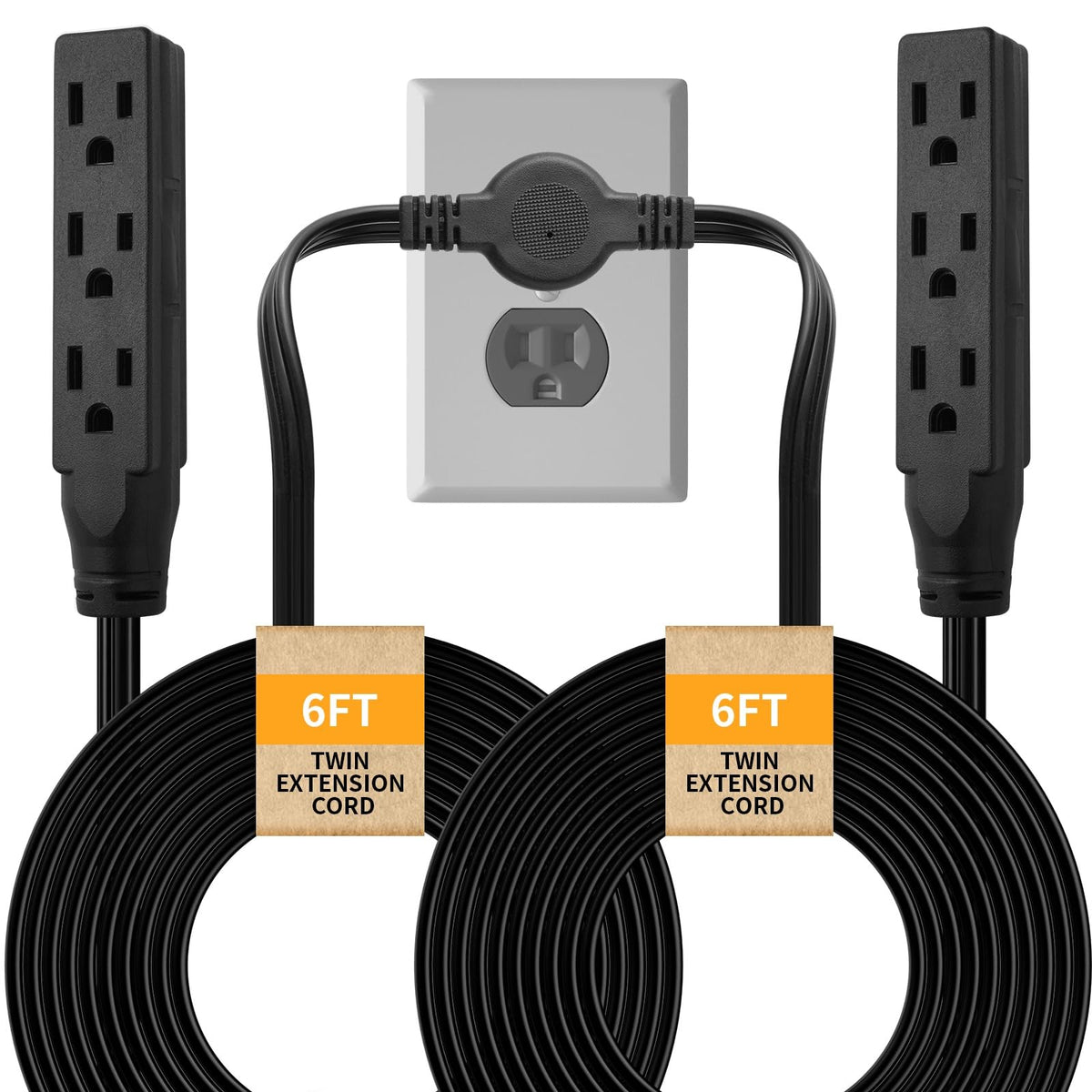Makevivi Twin Extension Cord, 12 Ft Flat Wall Plug, 6 Feet On Each Side, 3 Prong Power Strip With 6 Outlets, Double Extension Co