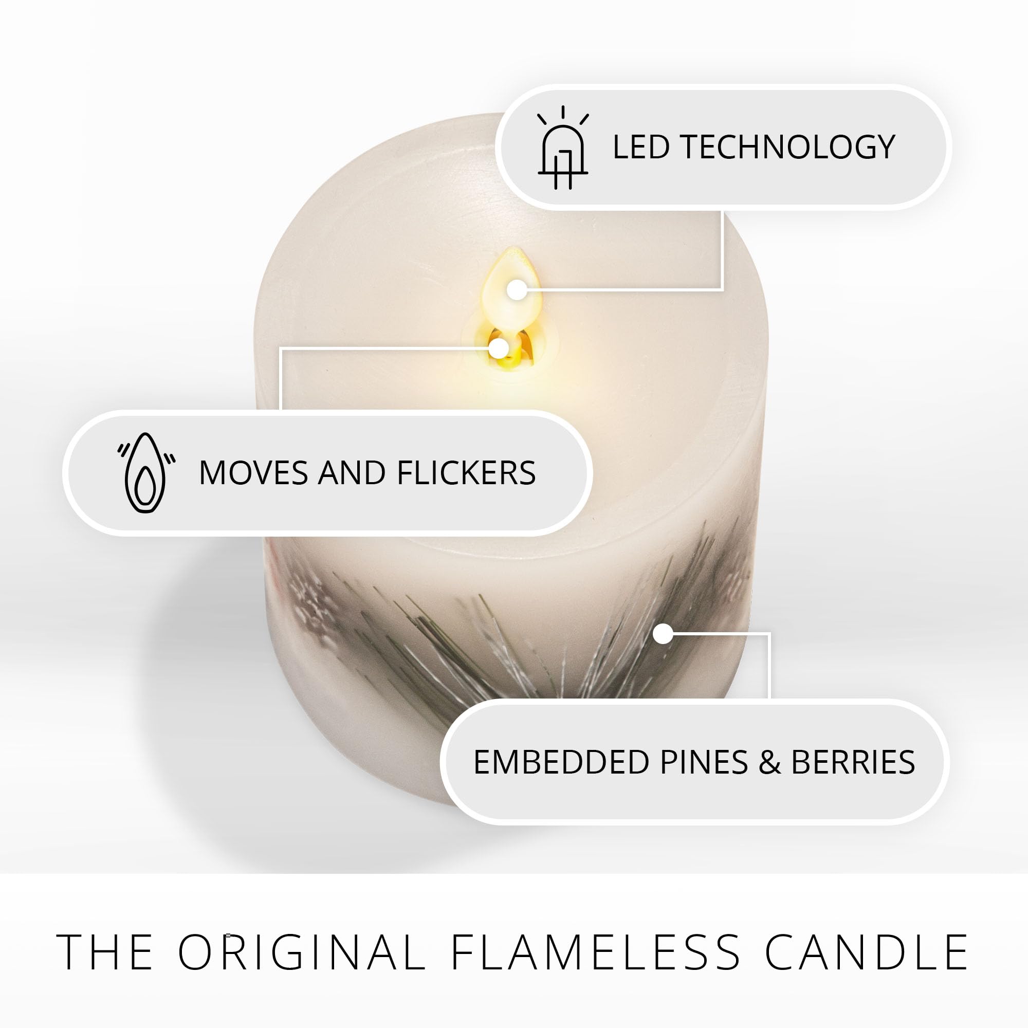 Luminara Embedded Flameless Led Candle, Pine Berries 3.5'' X 4.5'', Moving Flame Pillar, Battery Operated Timer, Real Wax, Unsce