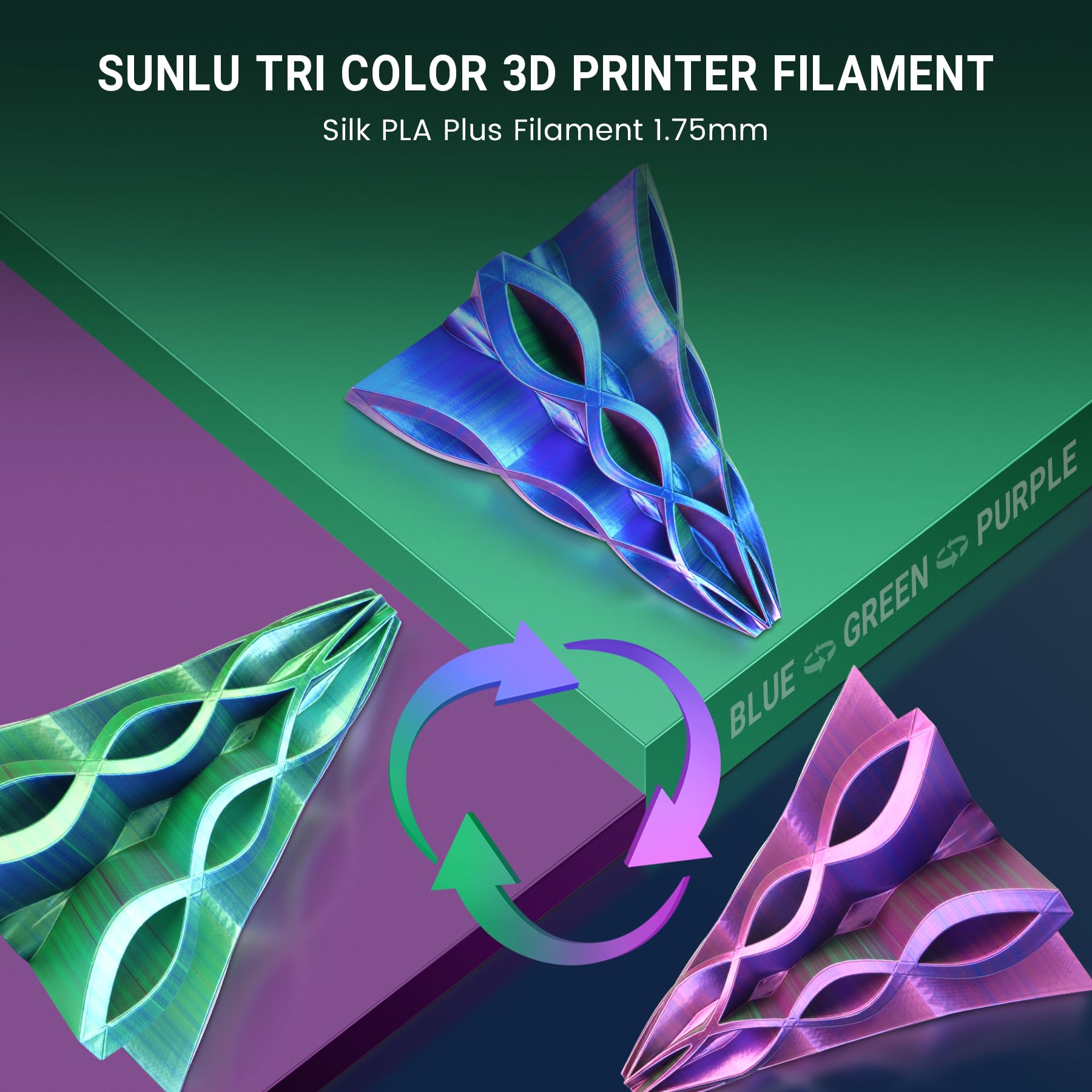 Sunlu Silk Pla Plus 3D Printer Filament, Triple Color Shiny Pla+ Filament 1.75Mm, Silk Textures, 360 Spin Unveils Varied Colors,