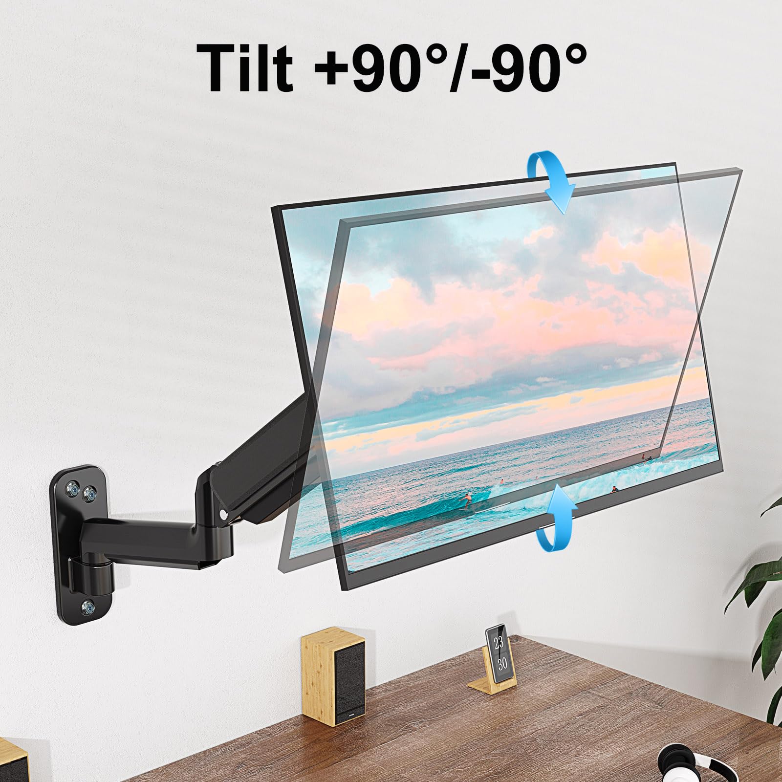 Ergofocus Monitor Wall Mount Fits Max 35 Inch/26.4Lbs Computer Screen, Ultrawide Premium Single Monitor Arm, Full Motion Gas Spr