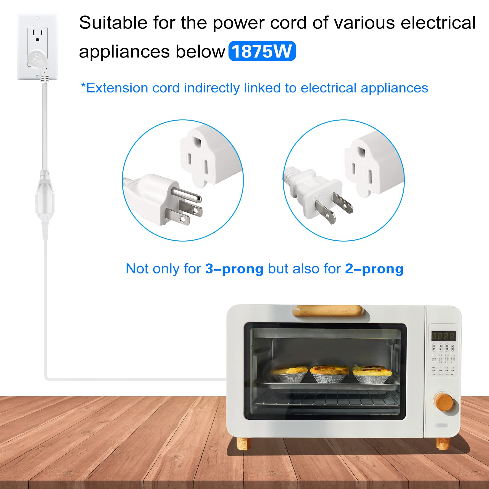 Vseer 1Feet 1875W 15A 14Awg Flat Plug Heavy Duty Extension Cord Outlet Saver 3 Prong Grounded Short Power Extension Cord White,U