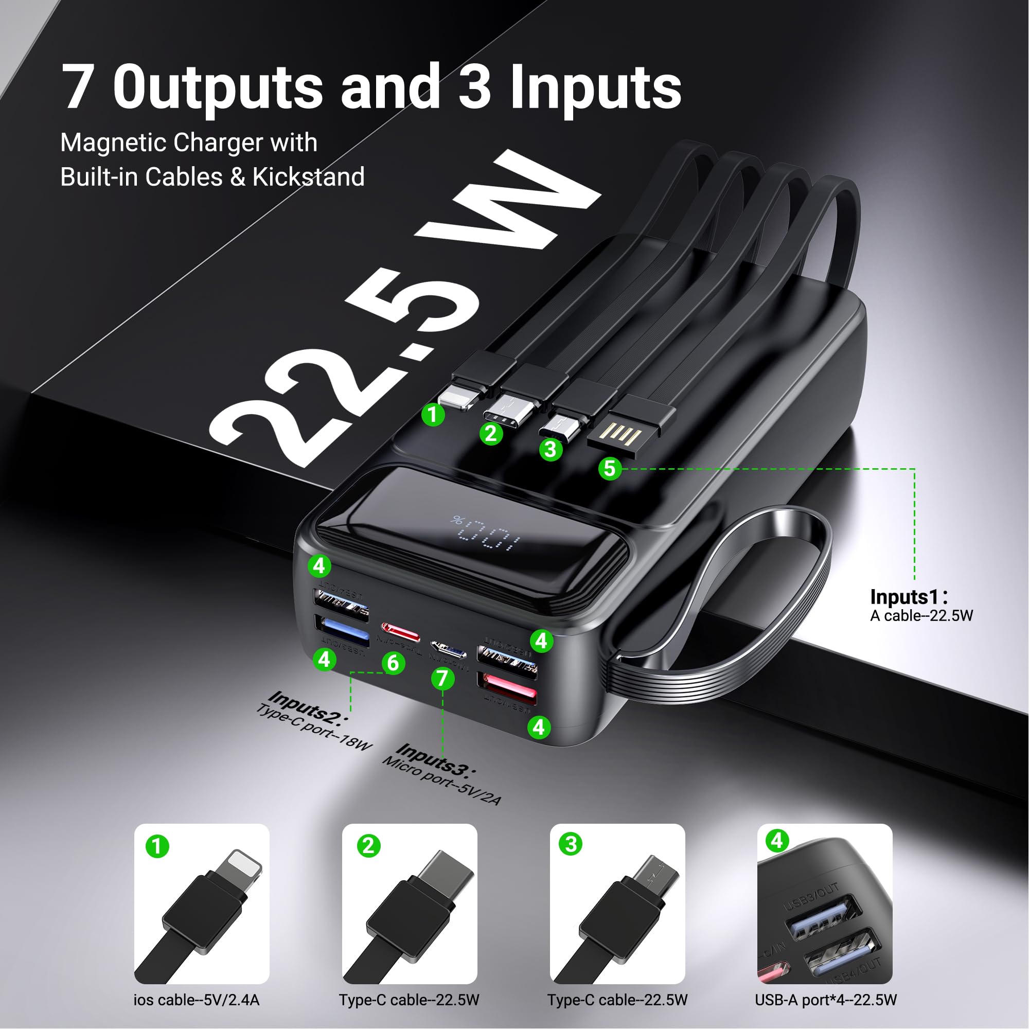 Portable Charger Power Bank 50000Mah- 7 Outputs & 3 Inputs Usb-C 22.5W Fast Charging Battery Pack With Built-In Cables And Ports