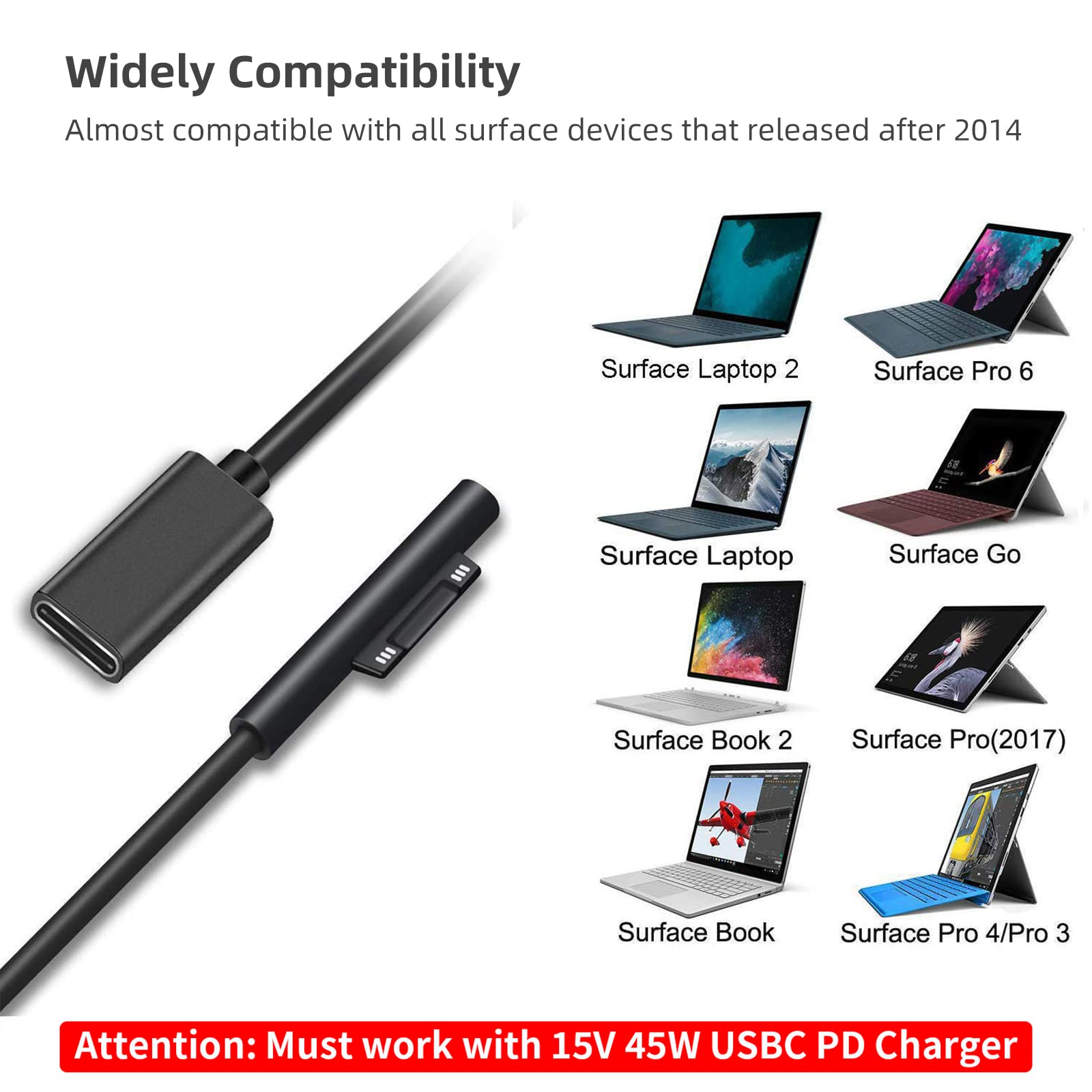 Sisyphy Surface To Usb C Charging Cable (Female Usb C, 20 Cm), Compatible With Microsoft Surface Pro 7/6/5/4/3 Go3/2/1 Laptop4/3