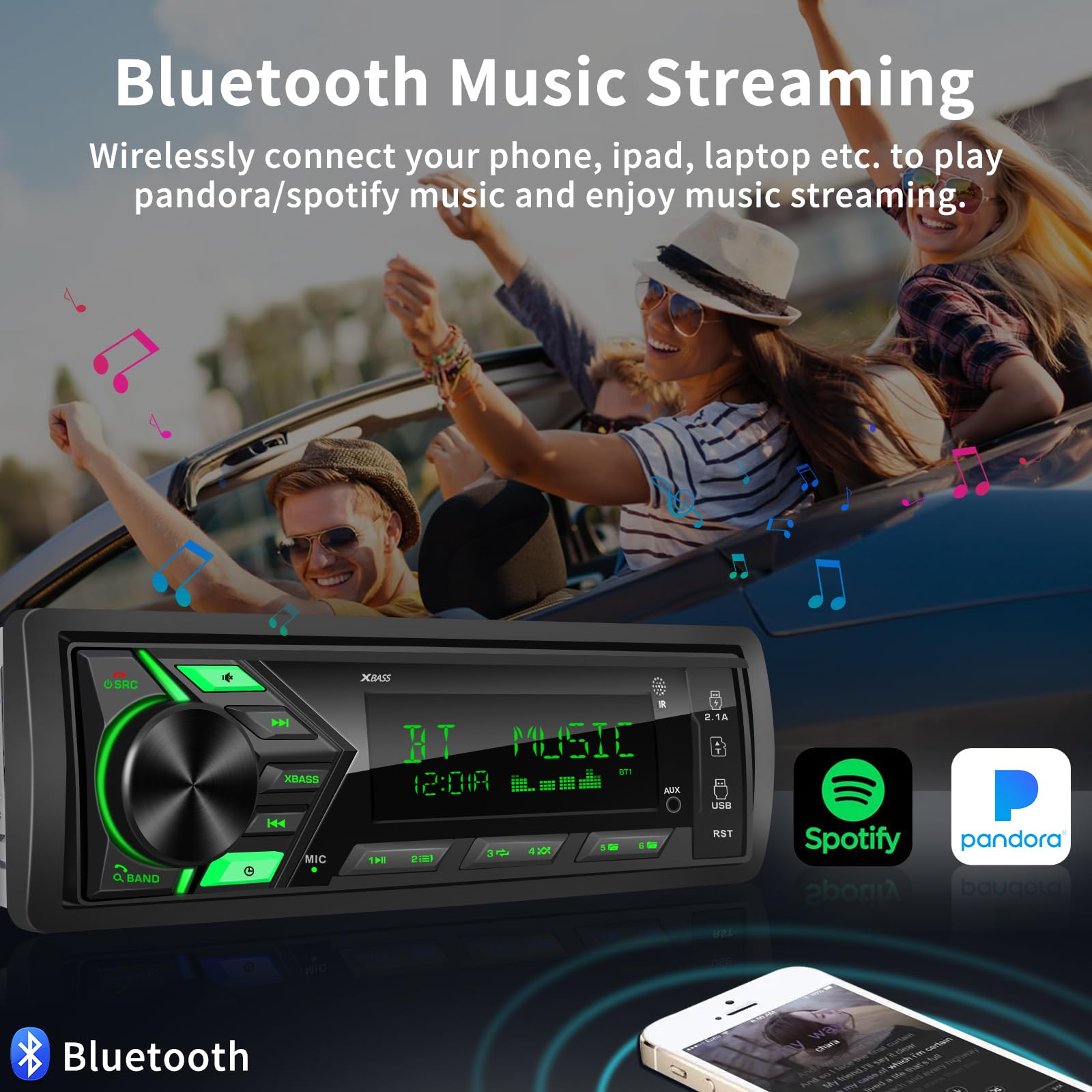 Bluetooth Single Din Car Radio: Marine Stereo Receivers - Multimedia Car Audio With Am Fm Usb Sd Aux-In 2.1A Quick Charge App Co