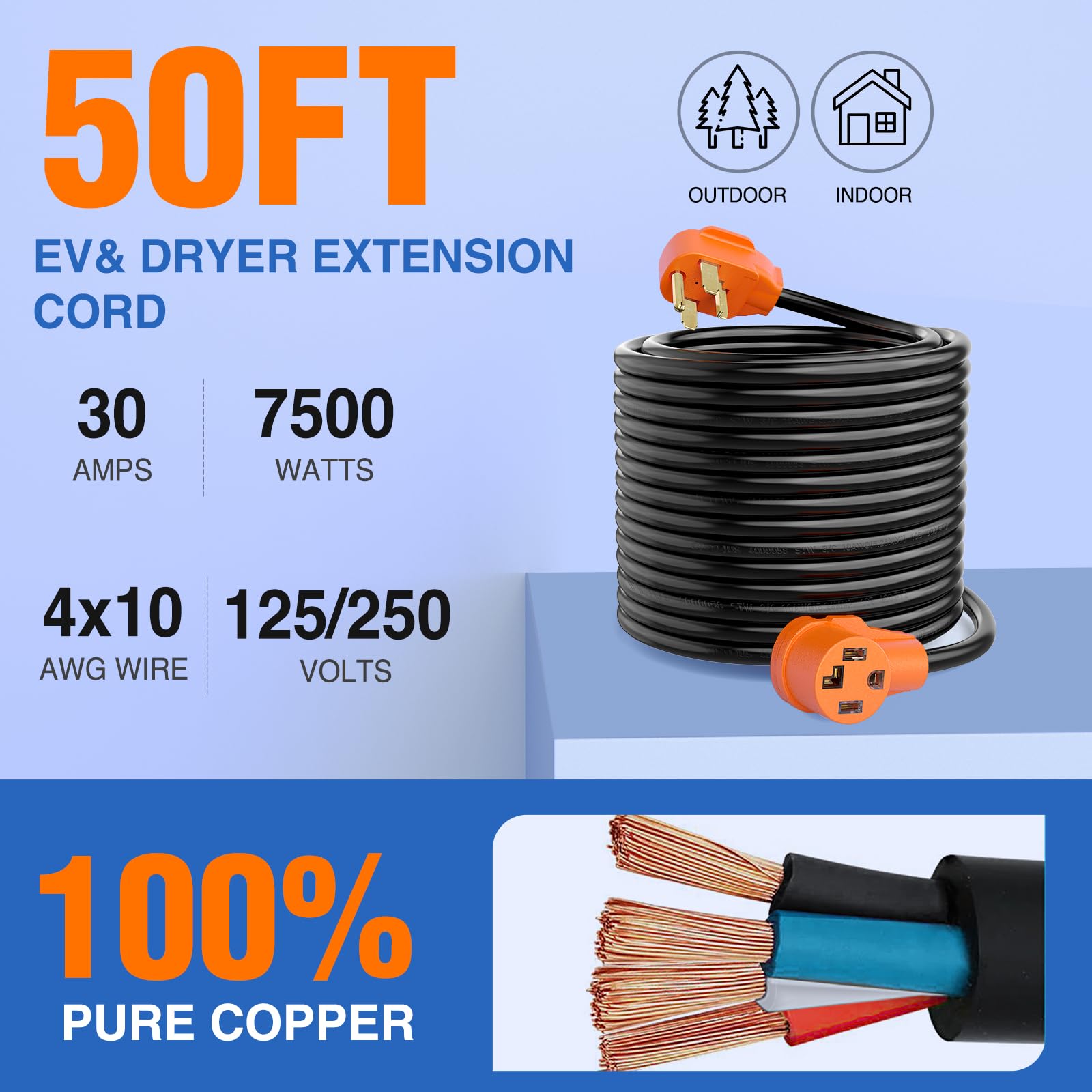Nilight 50Ft Ev Dryer Extension Cord 4 Prong 30 Amp Nema 14 30P 14 30R Old Dryer Extension Cable Heavy Duty 10 Gauge Pure Copper
