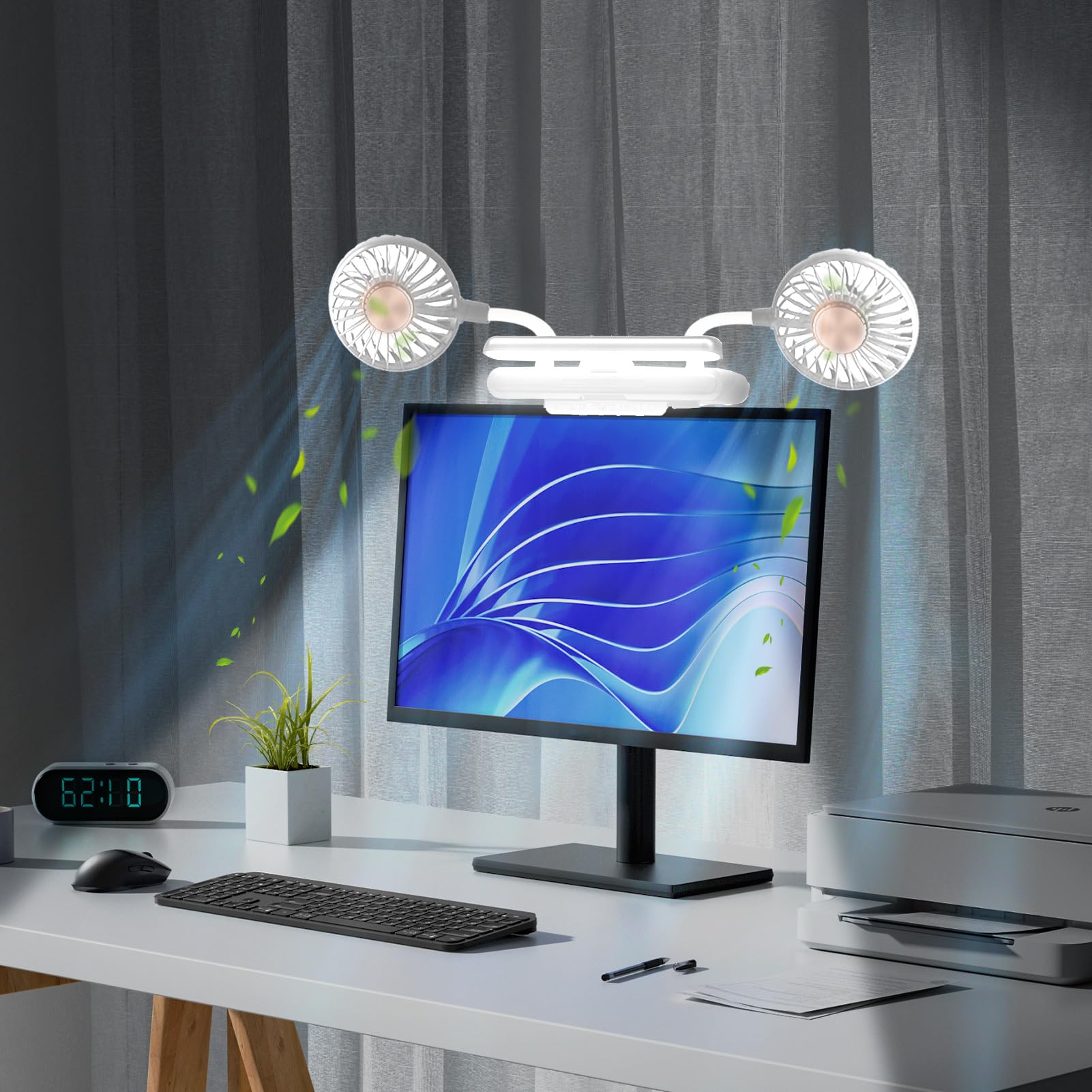 KcoxdCn Two-Head USB Screen Clip-on Fan with Flip-Open LED Light Bar, Quiet, 3 Speeds, ABS, Glacier Silver