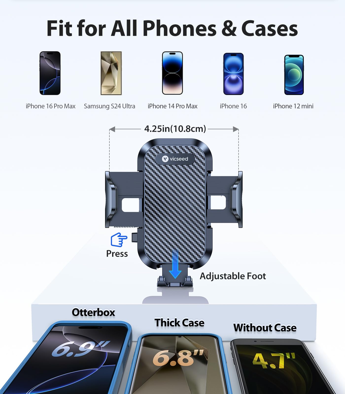 Vicseed Universal Phone Mount For Car [Solid & Durable] Car Phone Holder Mount Dashboard Windshield Air Vent Long Arm Strong Suc