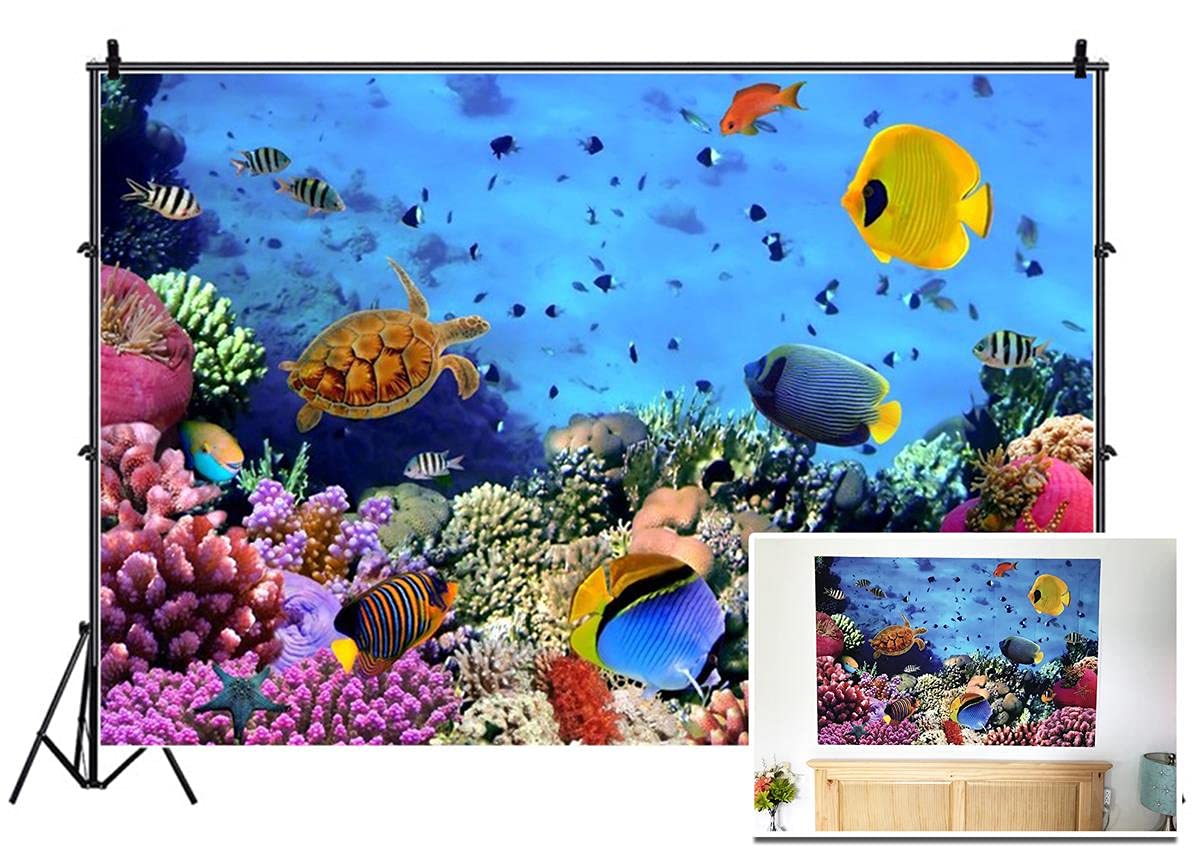Aofoto 5X3Ft Under Sea Seabed World Backdrop Underwater Scene Colorful Marine Coral Fishes Aquarium Photography Background Divin