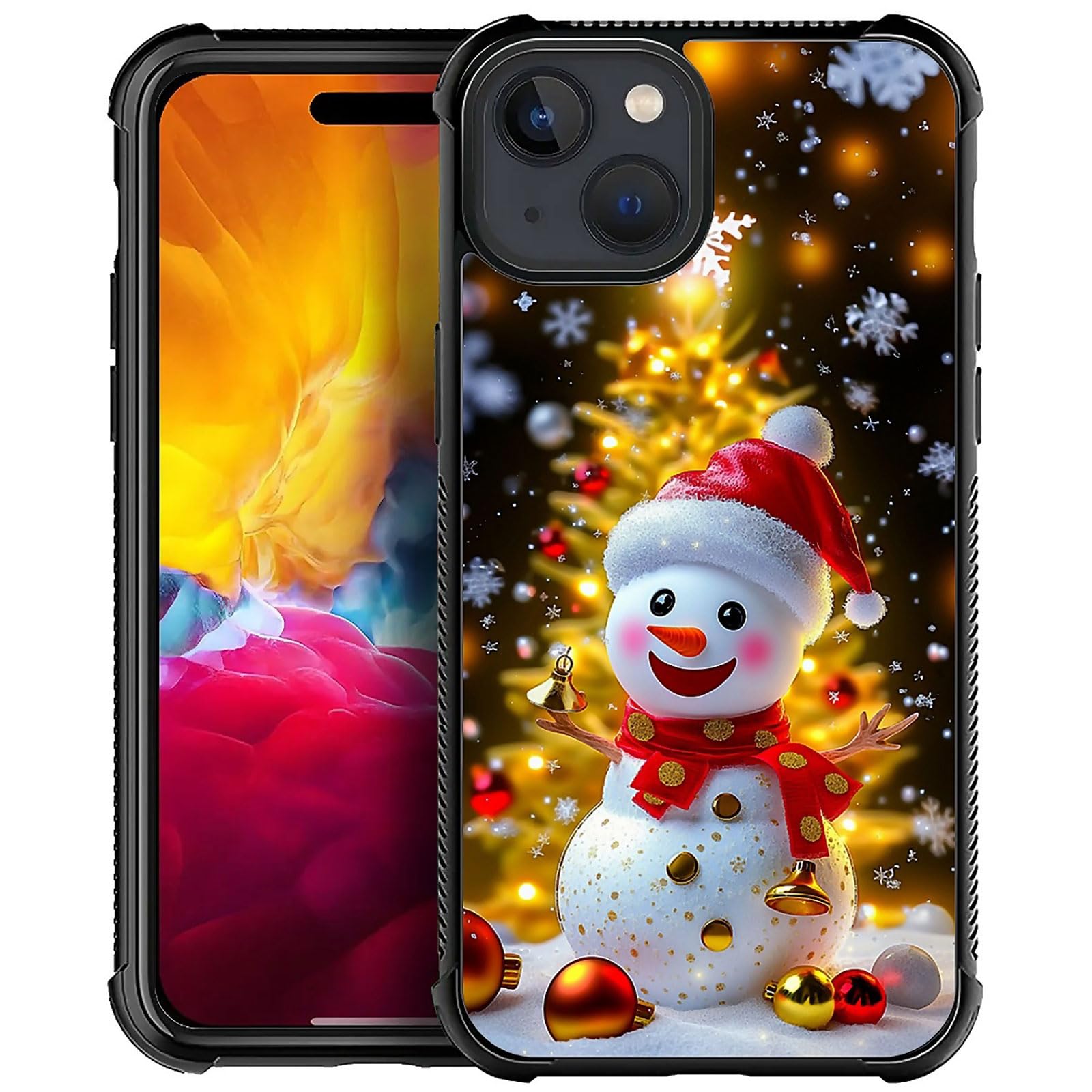 XUANWENPA for iPhone 15 Plus Case,The Black Shell Design is Bright,Anti Drop and Dust-Proof,Christmas Golden Tree Snowman.