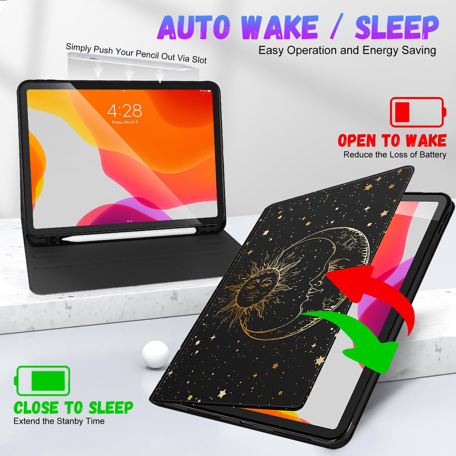 Uppuppy For Ipad Air 11 Inch Case, Air 5Th/4Th Generation 10.9, Pro 11'' Case Cute Kids Women Girls Folio Sun Moon With Apple Pe