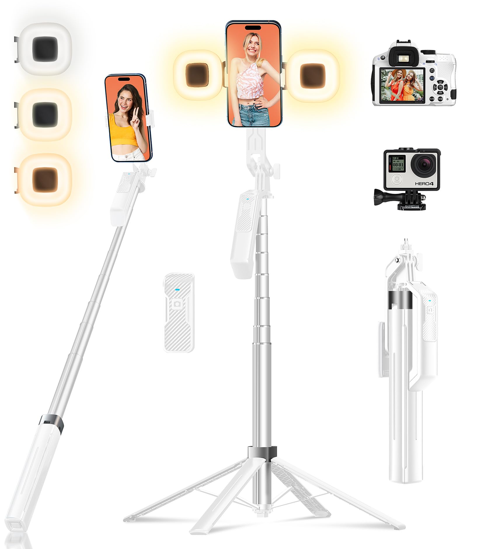 Funxee Selfie Stick Phone Tripod - 71 inch Tall Cell Phone Holder with Detachable Wireless Remote and 2 LED Lights for Recording