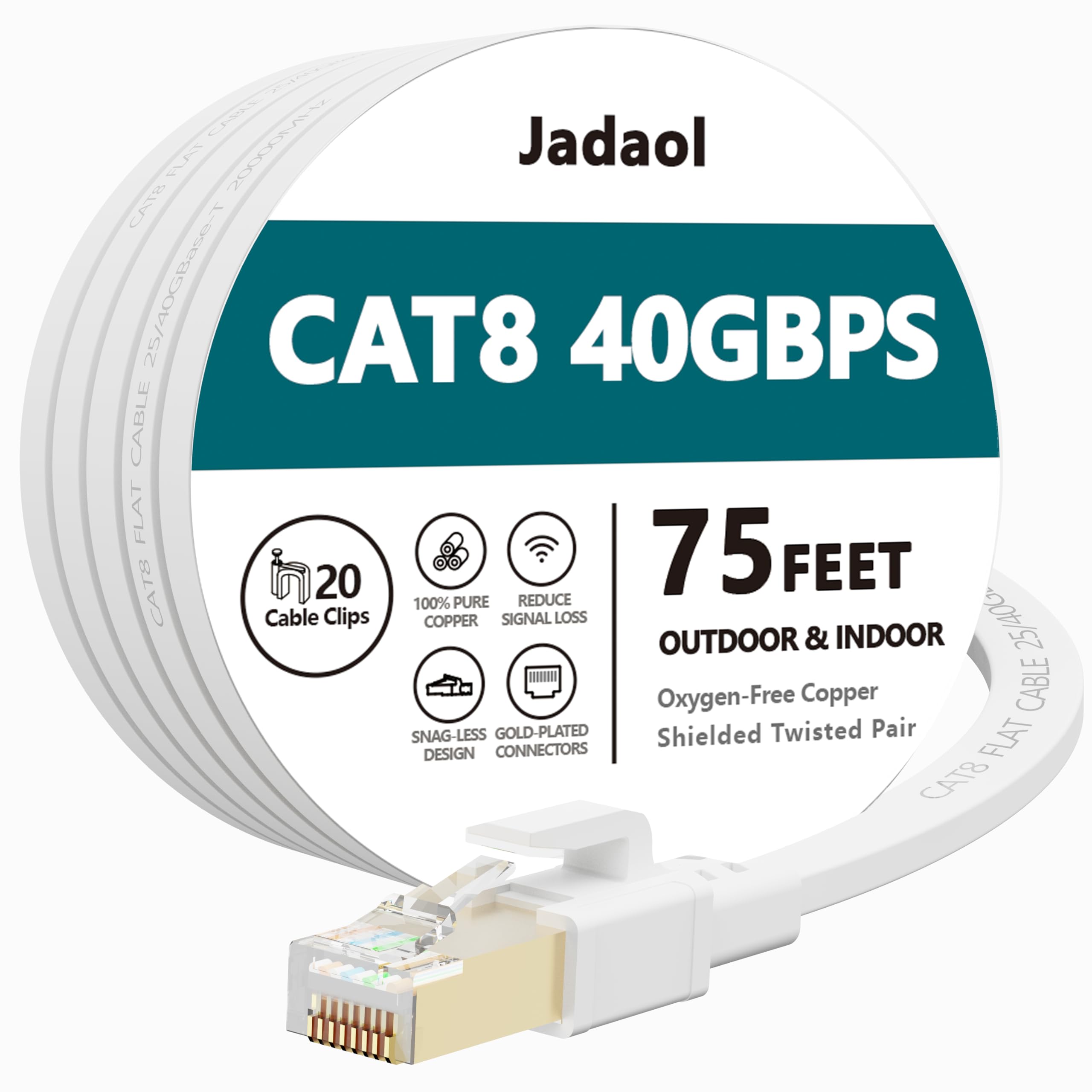 Cat8 Ethernet Cable, Outdoor&Indoor, 75 Ft Heavy Duty High Speed Cat 8 Lan Network Cable, 40Gbps 2000Mhz Rj45 Flat Internet Comp