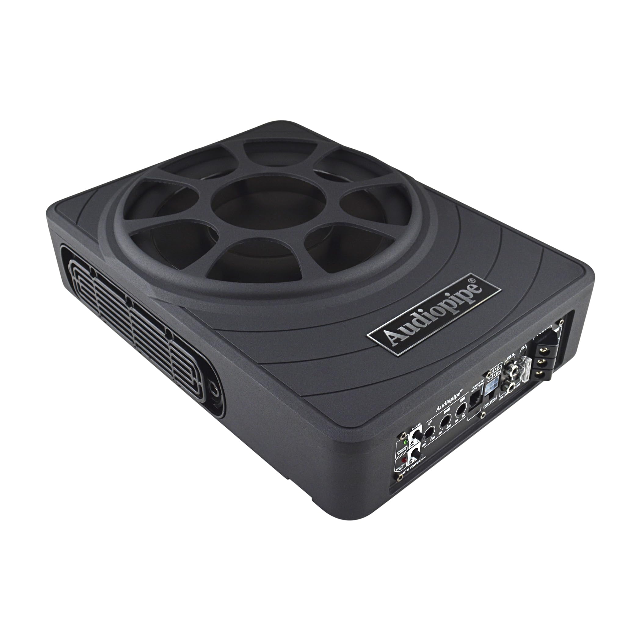 Audiopipe 10'' Low Profile Amplified Subwoofer (Aplp 1030), 500W, Compact, Mosfet Circuit, Rca, Phase Switch, Bass Boost Control