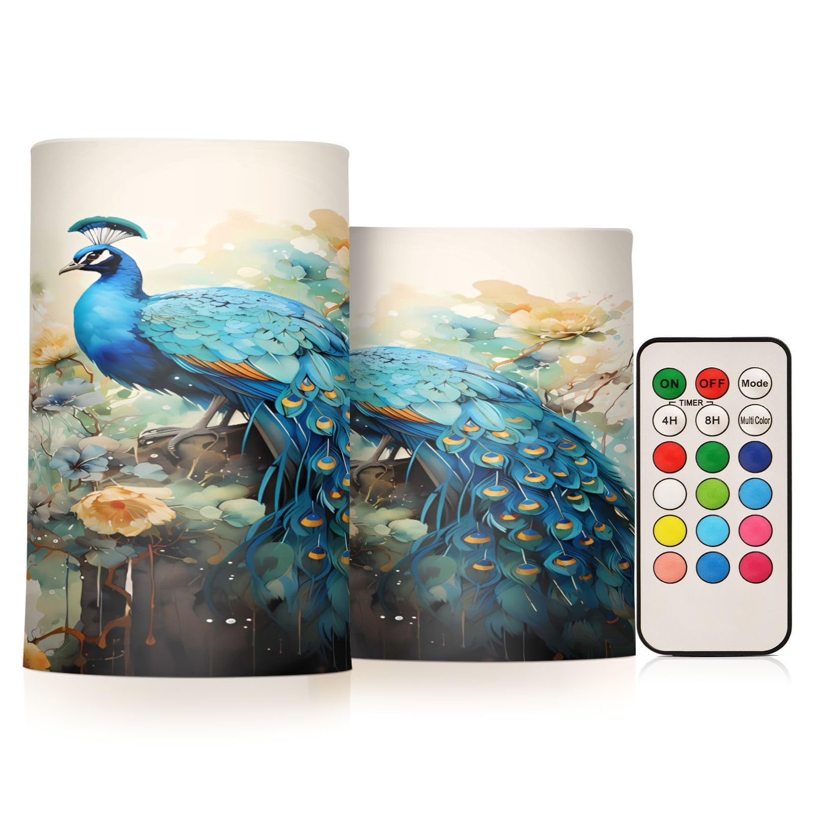 Alaza Blue Peacock Yellow Flowers Flickering Flameless Candles With Remote Timer,Tea Light Candles Pillar Votive Candles Set Of