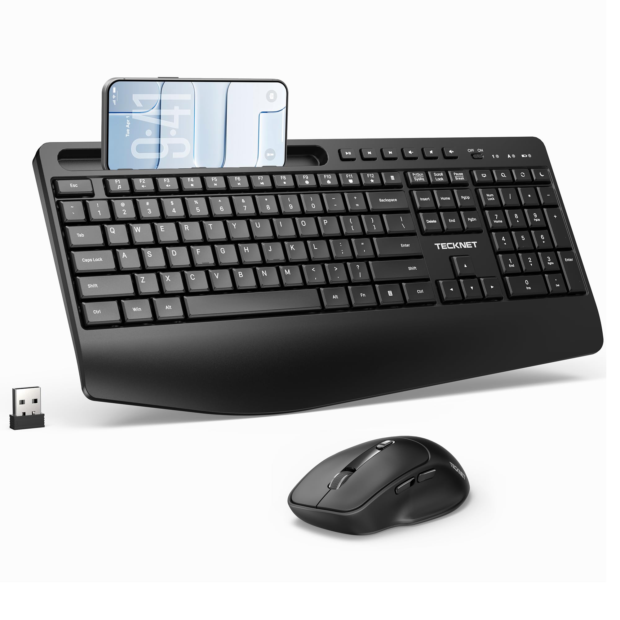 TECKNET Wireless Keyboard and Mouse Combo, Full Size Ergonomic Keyboard and Mouse with Wrist Rest & Phone Tablet Holder, Sleep M