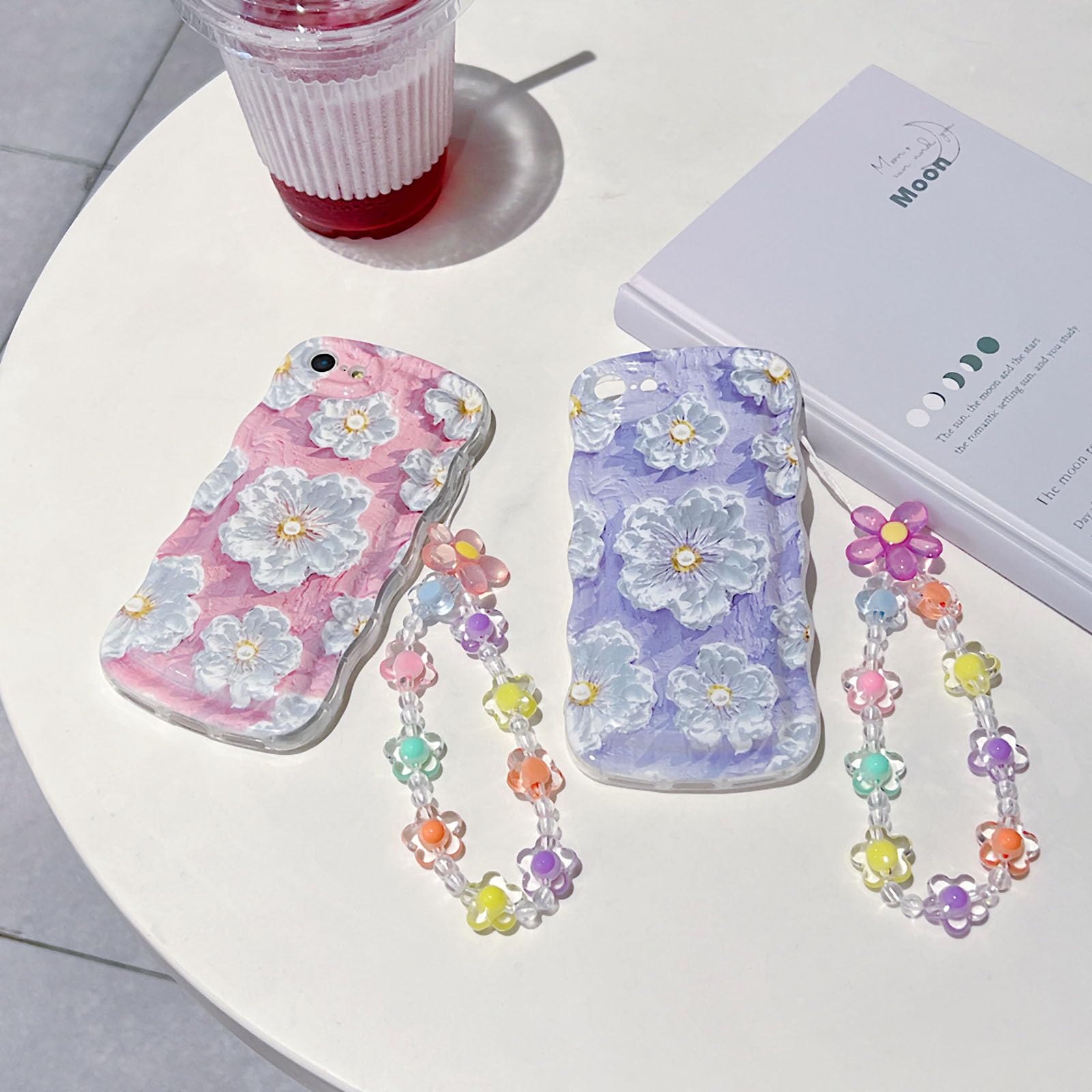For Iphone 6 Iphone 6S Curly Wavy Case, Cute Colorful Retro Oil Painting Flower Glossy Pattern [With Bead Chain], Slim Fit Shock