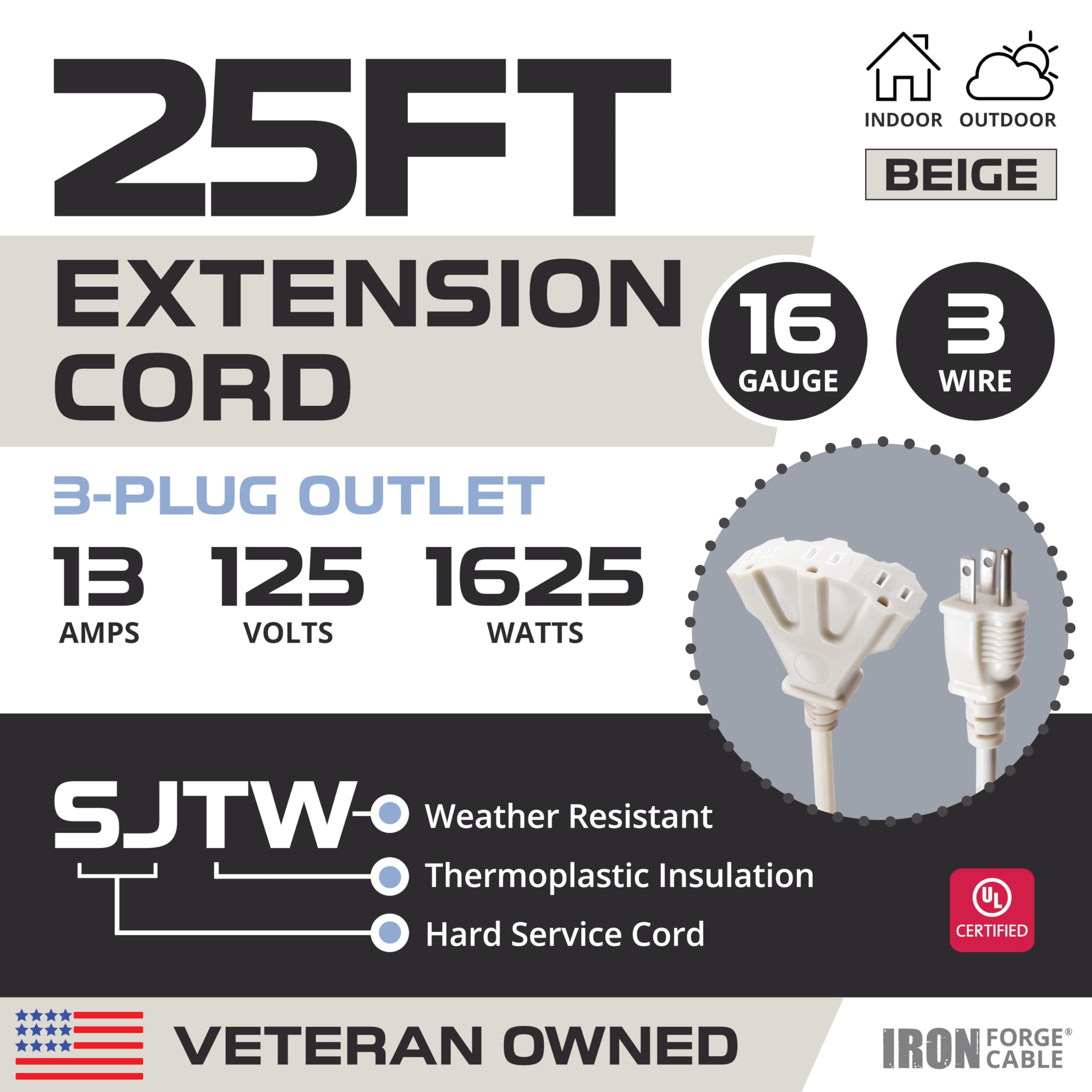 Iron Forge Cable 25 Ft Beige Outdoor Extension Cord With 3 Outlets   16/3 Sjtw 25Ft Extension Cord 3 Prong, 13 Amp All Weather H