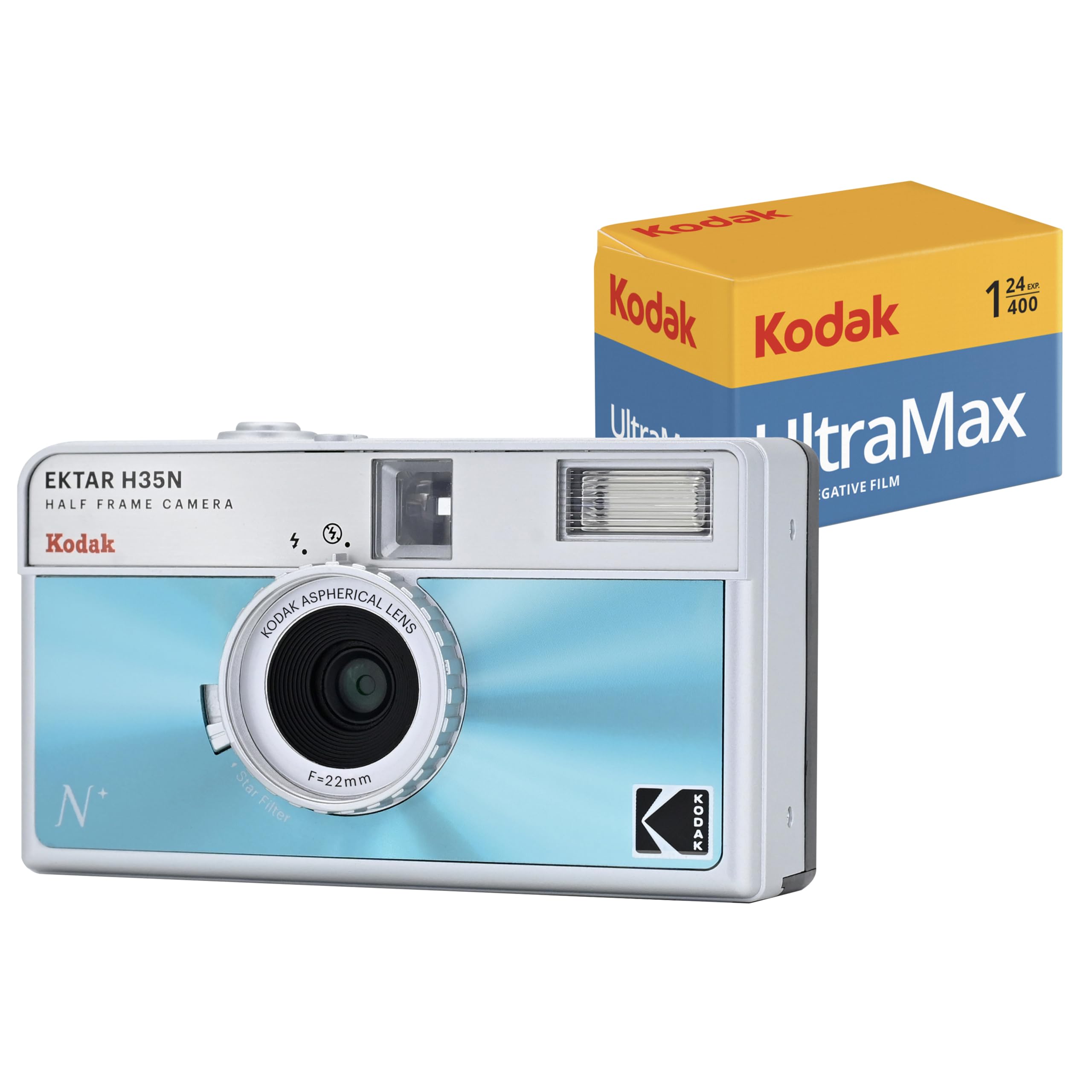 Kodak Ektar H35N Half Frame Film Camera Bundle With Kodak Ultramax 400/24Exp 35Mm Roll Film (Glazed Blue)