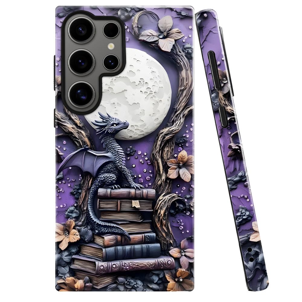 Case for Samsung Galaxy S23 Ultra,Purple Dragon Book Moon Flower Phone Case Military-Grade Drop Protection Cover for Women Girl 