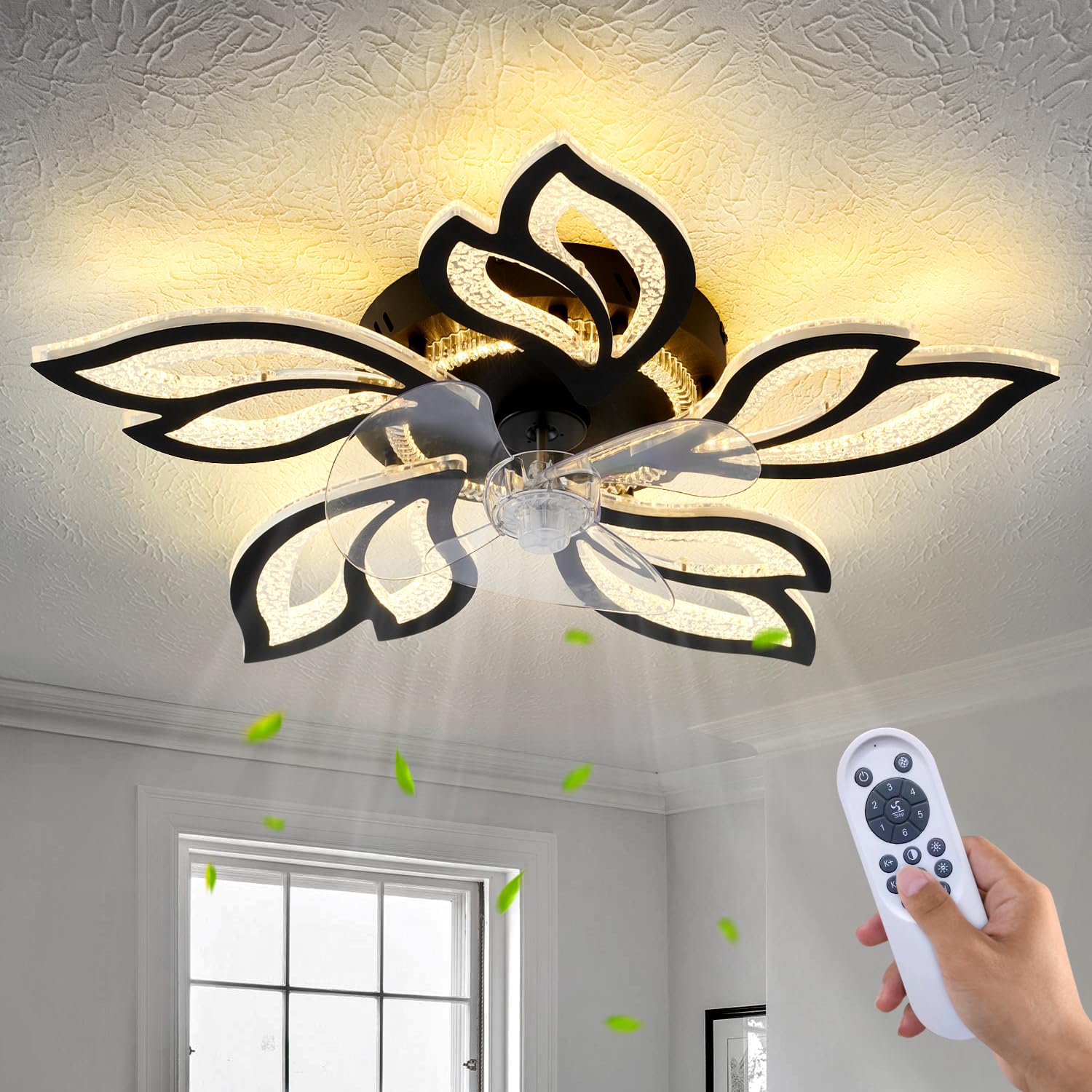 haodengshi 25 Ceiling Fan with Lights and Remote Control, Black Geometric Ceiling Fan with Lights, 3 Light Color 6 Speeds Flush 