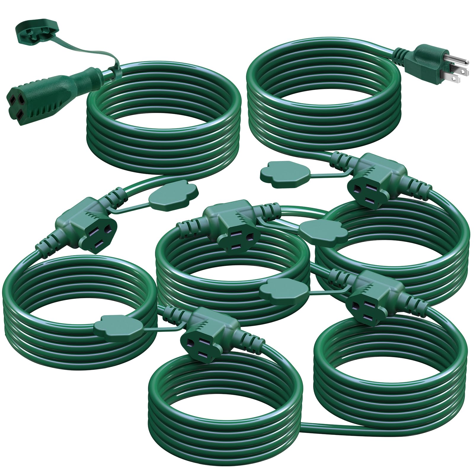 Makevivi 50Ft Outdoor Extension Cord Multiple Plugs  Evenly Spaced 6 Outlets Plugs With Safety Cover, 16/3 Sjtw Green Outdoor Ex