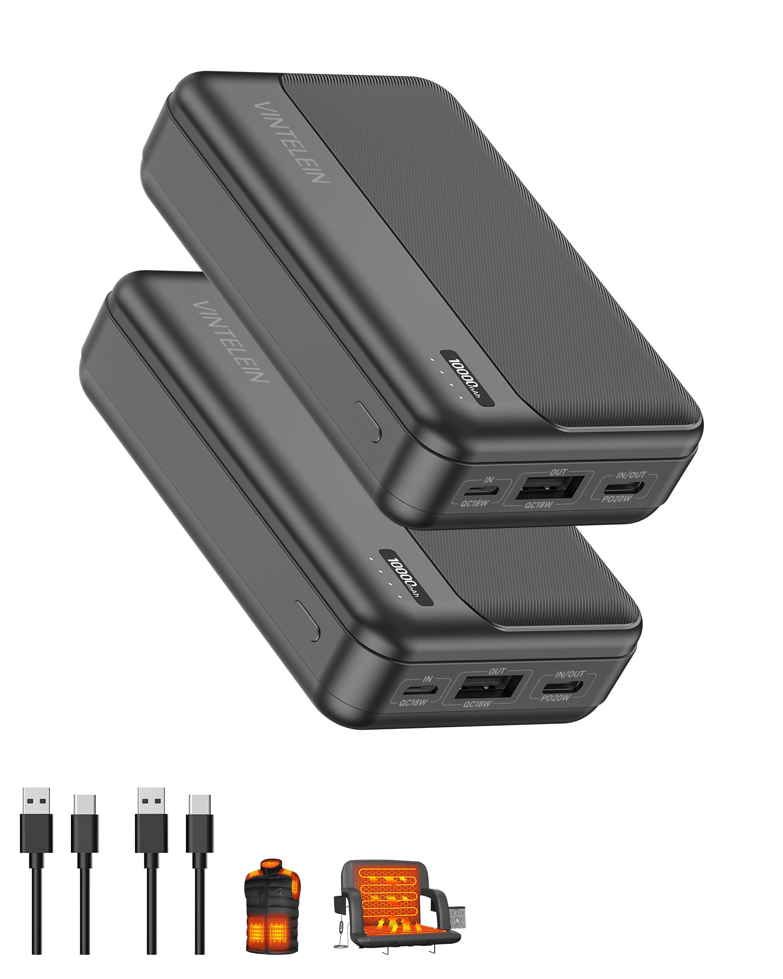 VINTELEIN 2-Pack 5V 2A Heated Vest Battery Pack Ultra-Compact Small 10000mAh Power Bank for Burngogo/Rrtizan/Soleilwear/Yolikeb 