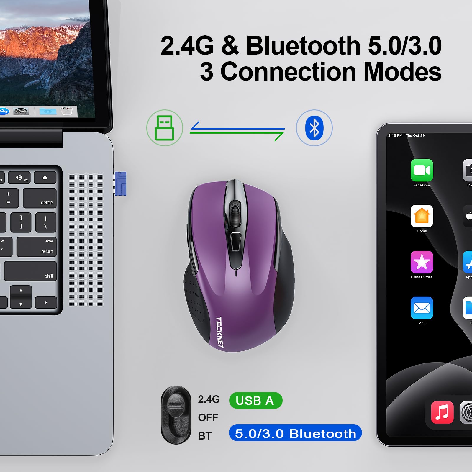 Tecknet Wireless Mouse (Bt5.0/3.0 & 2.4G) Rechargeable 4800 Dpi Silent Mouse 8 Buttons Bluetooth Mouse, Usb A Mouse Wide Compati