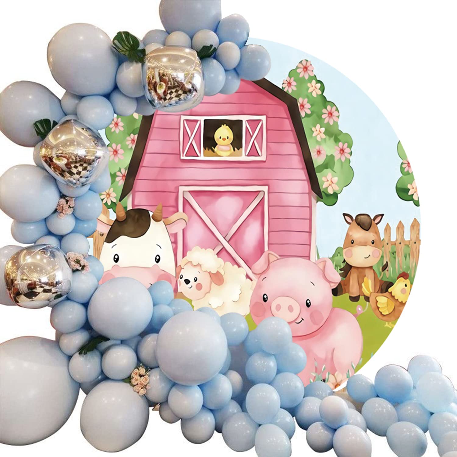 7X7Ft Round Farm Animals Theme Backdrop For Photography Farm Barn Animals Round Backdrop Cover For Kids Party Cartoon Farm Anima