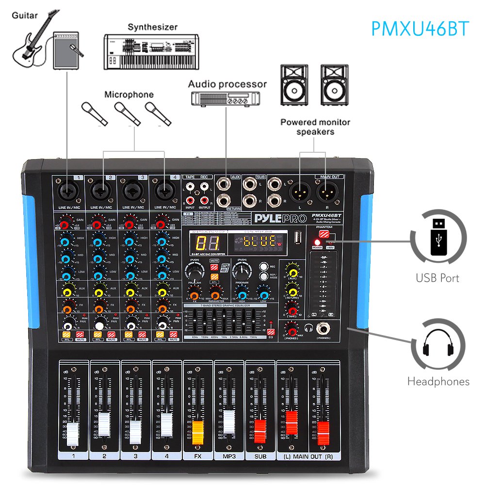 Pyle 4 Channel Bluetooth Studio Audio Mixer Dj Sound Controller Interface With Usb Drive For Pc Recording Input, Xlr Microphone