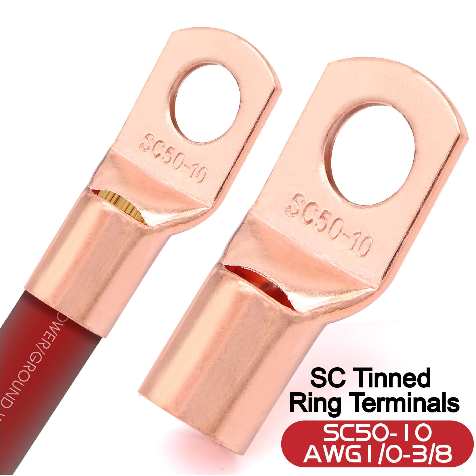 20Ft 1/0 Gauge Wire Copper Clad Aluminum Caa,10Pcs Lugs Terminal Connectors With 3:1Heat Shrink Tube For Power/Auto,Amplifier,Gr