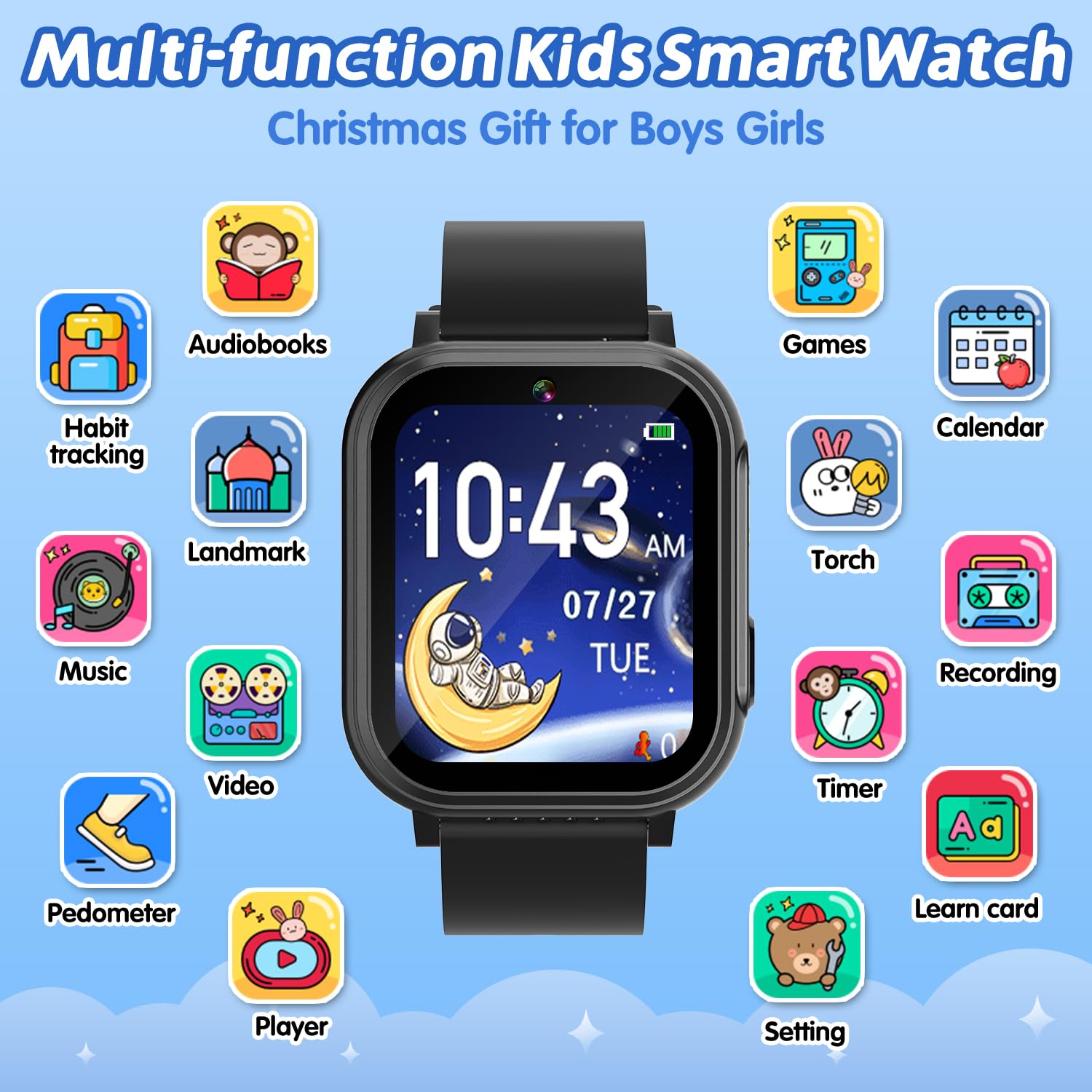 Kids Waterproof Smart Watch With 32 Games Hd Touchscreen Dual Camera Music Player Pedometer Flashlight Habit Tracking Storybook,