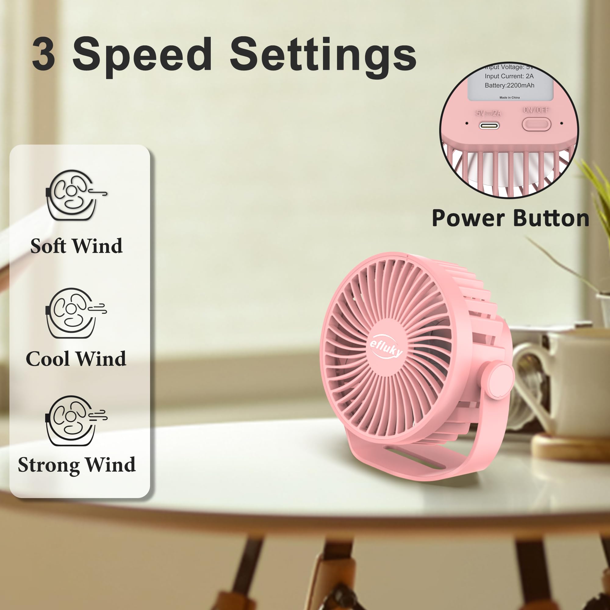 Efluky Usb Small Desk Fan, 3 Speeds Usb Rechargeable Fan Built In Battery, 360 Adjustment Portable Mini Fan Suitable For Home, O