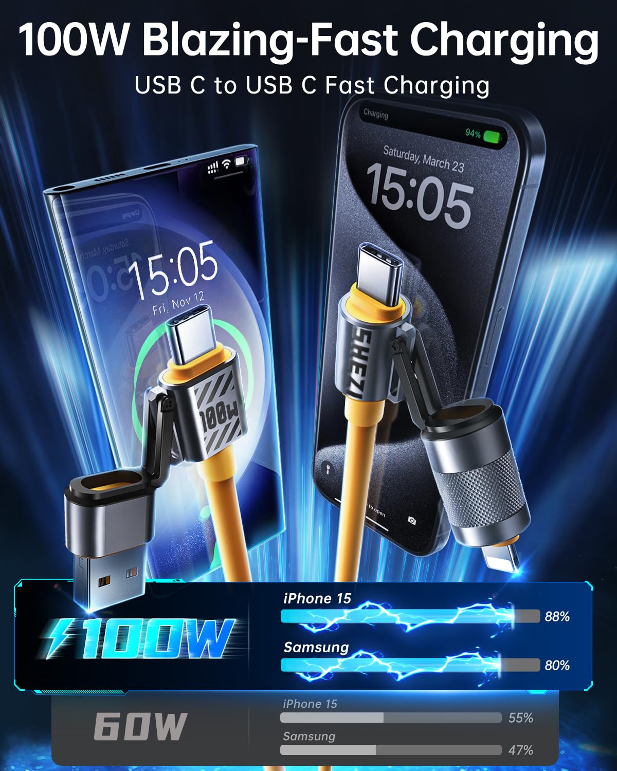 Vexipia 4 In 1 100W Usb C Cable For Lightning Cable Fast Charging [480Mbps Data Sync] Thicker Silicone Iphone Ipad Charger Cord,