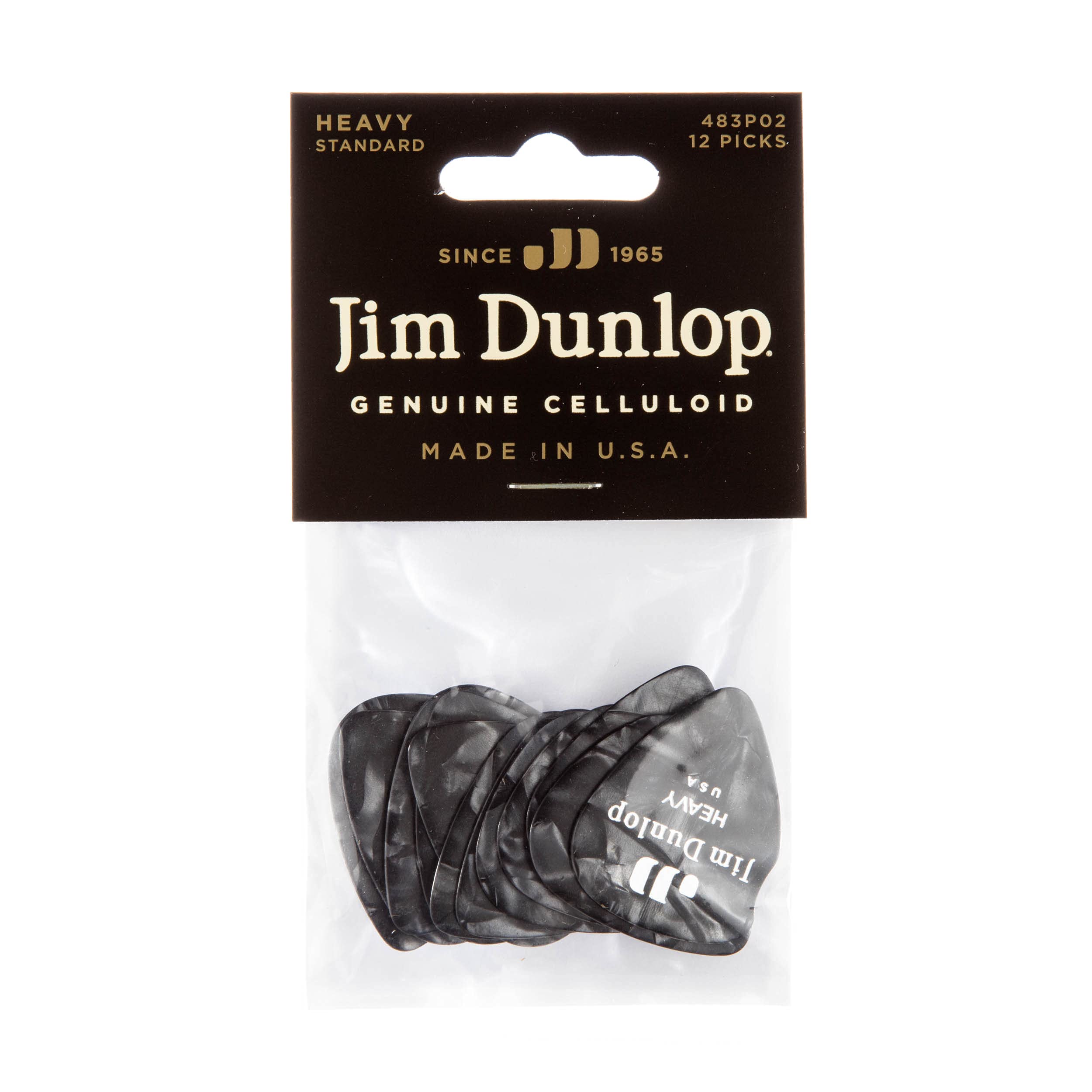 Dunlop 483P02Hv Genuine Celluloid, Black Pearloid, Heavy, 12/Player'S Pack