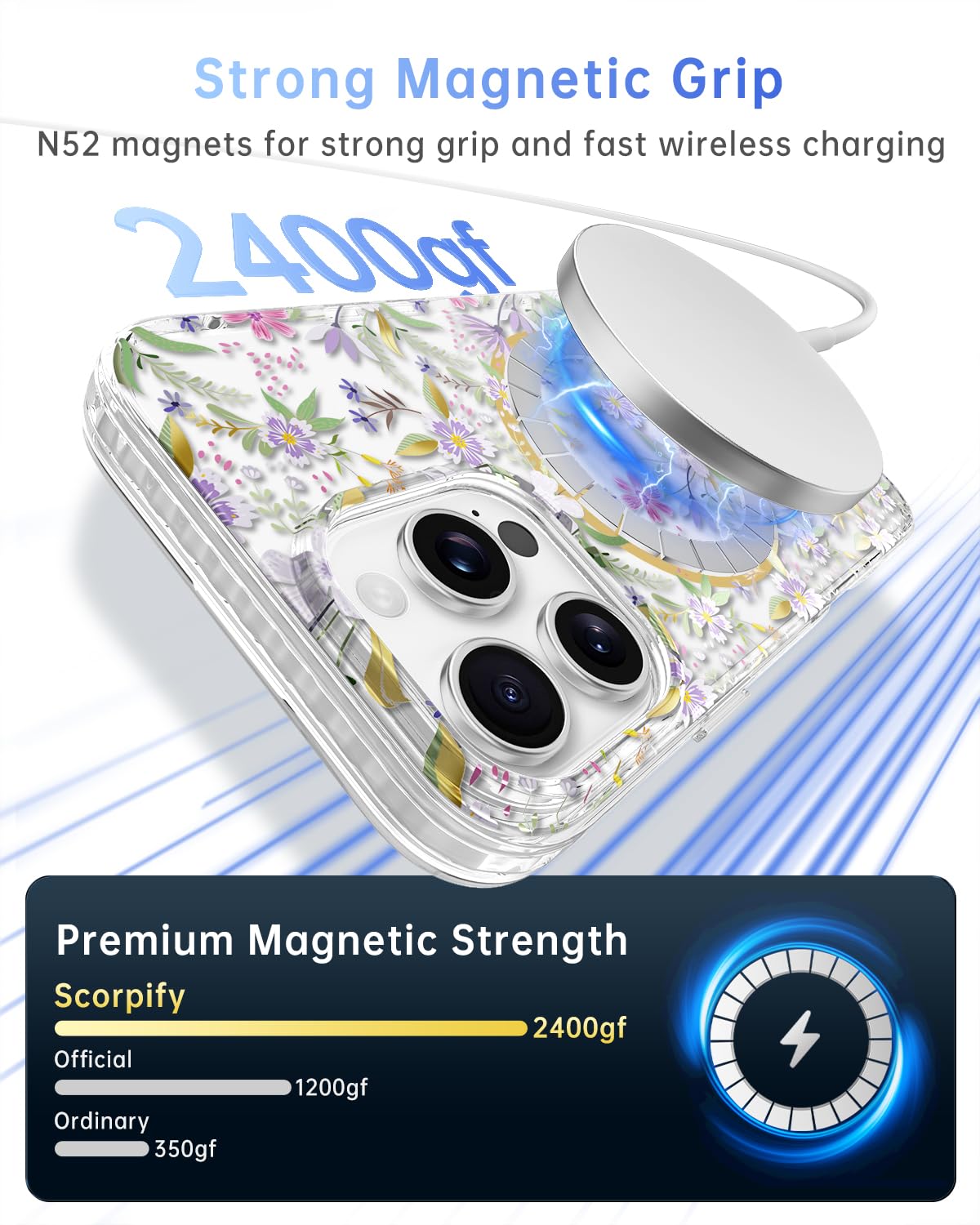 Scorpify For Iphone 16 Pro Case [Compatible With Magsafe] With Purple Cherry Floral Design, Cute Clear Flower Magnetic Phone Cov