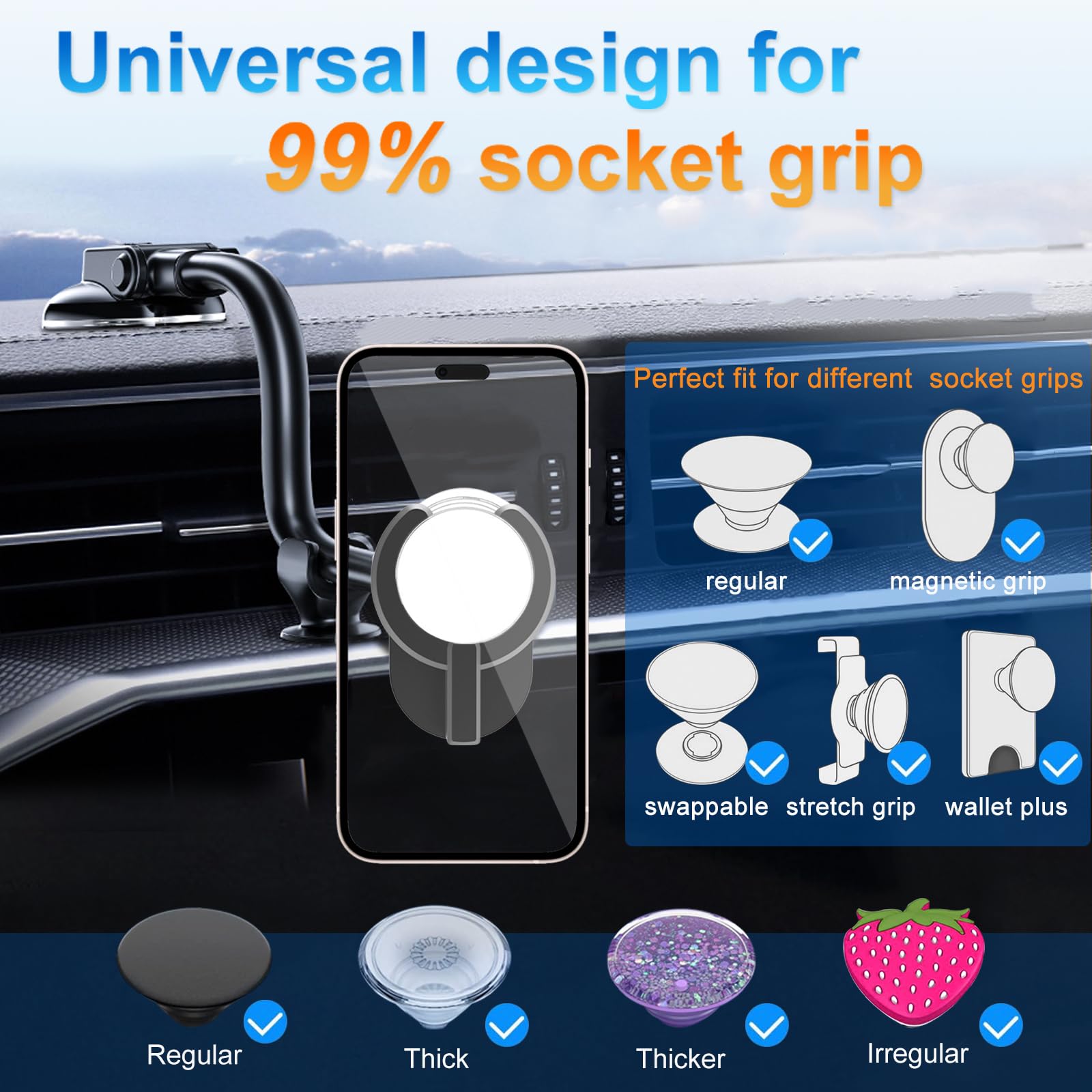 Jctriway Car Phone Mount For Collapsible Grip/Socket Mount User,Windshield/Dashboard/Vent Phone Holder With Strong Suction Cup,1