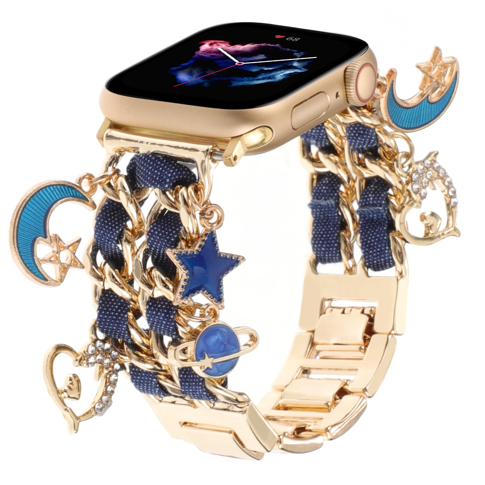 Realsign Stylish Metal Wristband Compatible With Apple Watch Band 38Mm 40Mm 41Mm,Cuban Chain With Blue Jean Bracelet Star Moon L