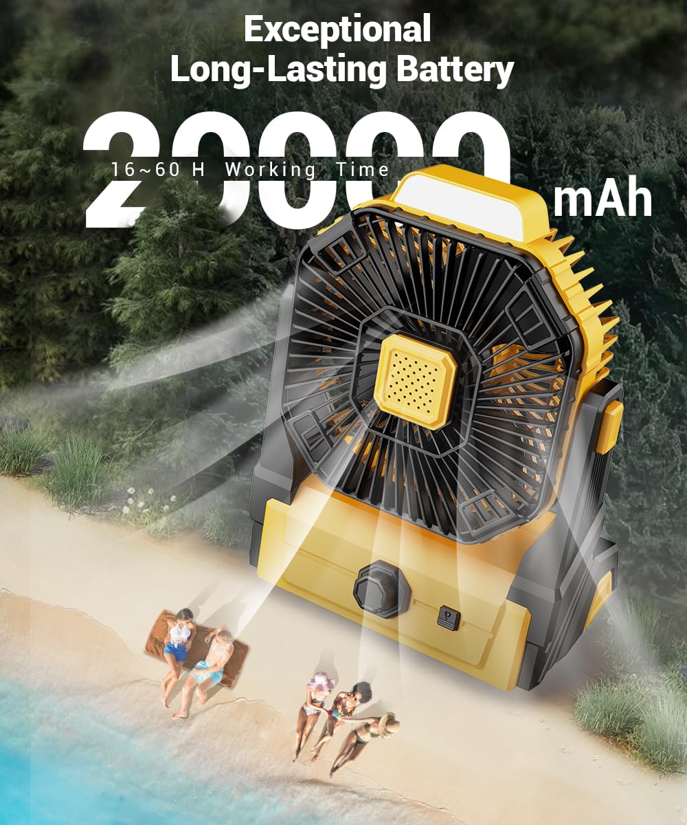 Kopbeau Portable Camping Fan With Lights, 20000Mah Rechargeable Battery Operated Fan, Battery Powered Outdoor Beach Tent Fan Wit