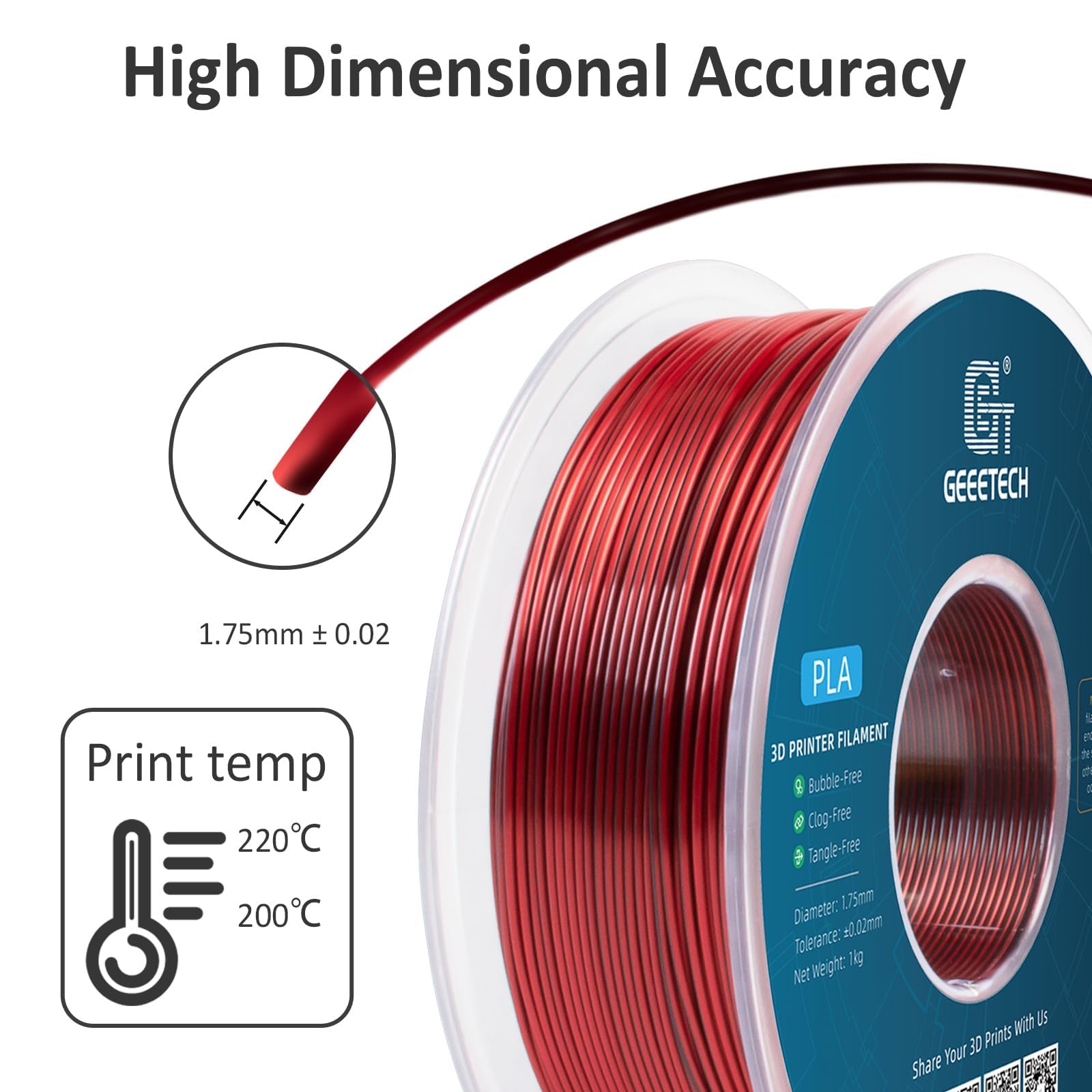 Geeetech 3D Printer Silk Pla Tri Color Filament,Metal Like Shiny Silk Filament 1.75Mm 1Kg (2.2Lbs) Spool,Dimensional Accuracy +/