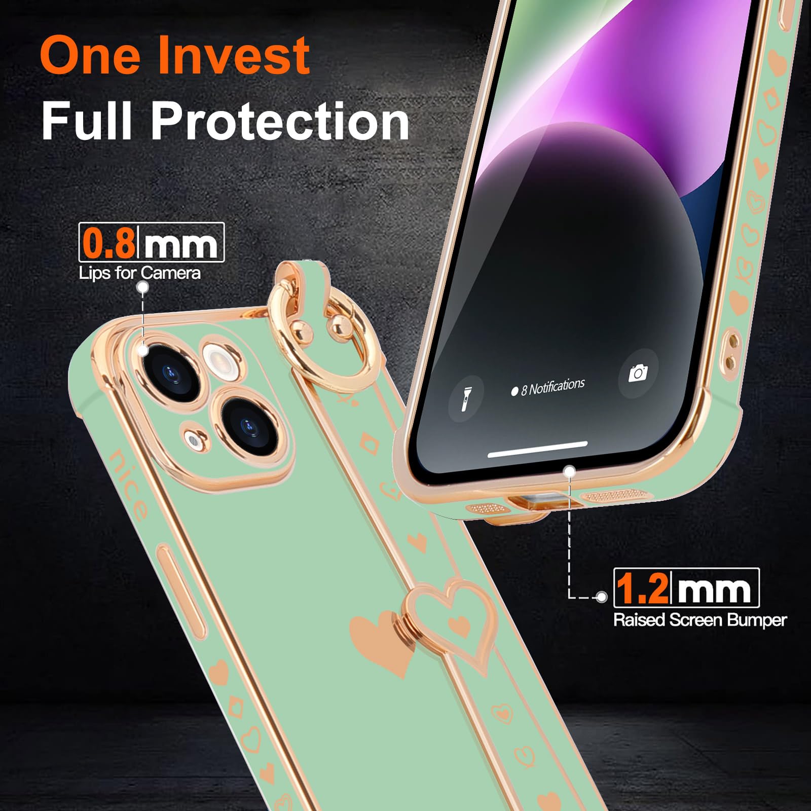 Llz.Coque For Iphone 14 Plus Case Cute Love Heart Plating Strap Phone Cover For Women Girls Bling Silicone Camera Lens Protectio