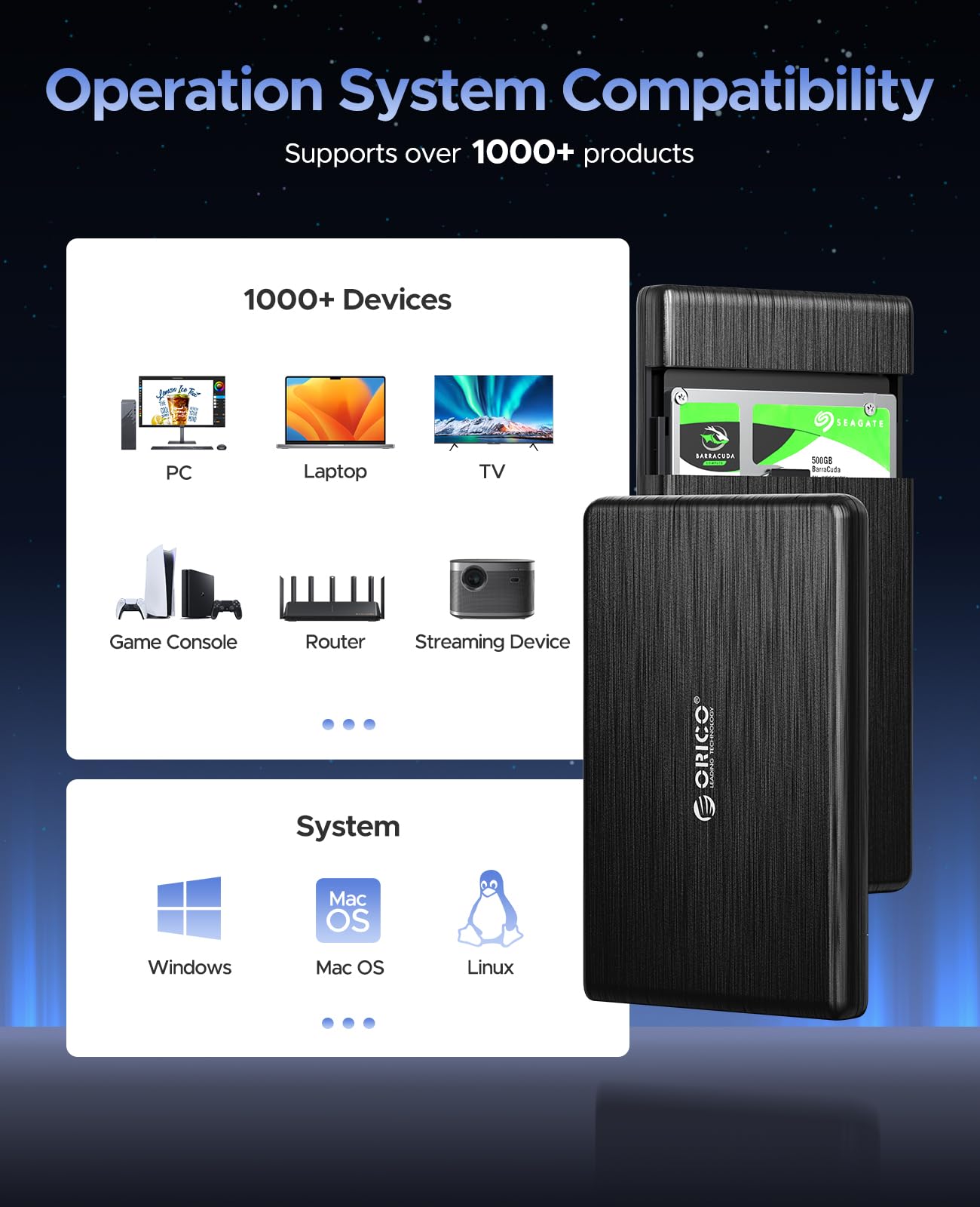 ORICO USB 3.0 to SATA III 2.5' External Hard Drive Enclosure for 2.5 Inch 7mm 9.5mm SATA HDD/SSD Tool Free [UASP Supported],Black(2189U3)