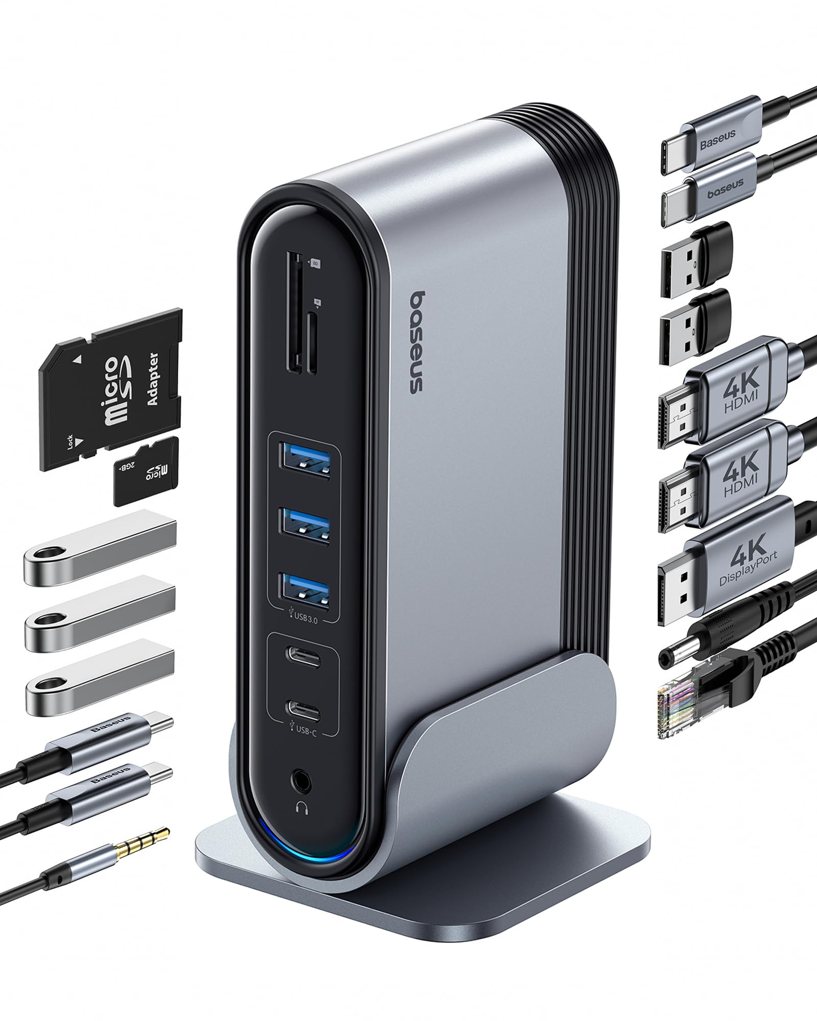Baseus 17 In 1 Docking Station, Laptop Docking Station 3 Monitors With 4K Hdmi+Dp, Usb C Docking Station With 7 Usb, 1000Mbps Ethernet, 100W Pd, Card Readers Compatible With Acer/Hp/Lenovo/Mac/Dell