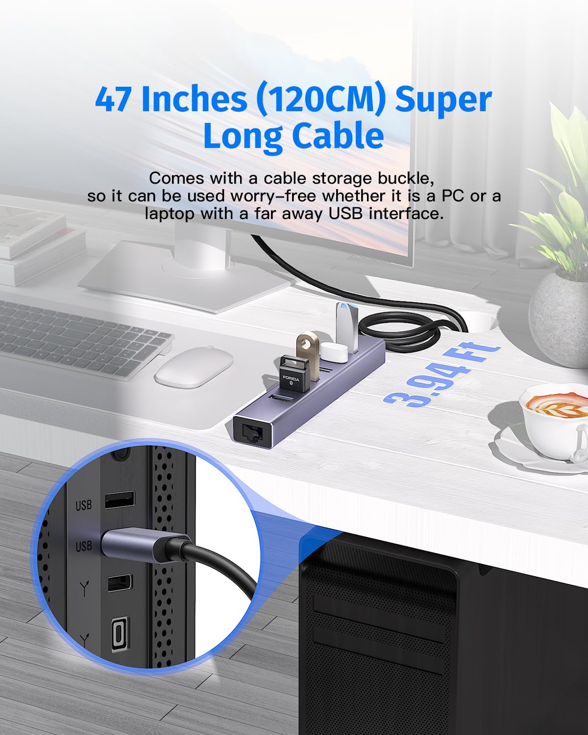 7 Ports Usb 3.0 Hub, Usb To Network Hub With 6 Usb 3.0 Data Transmission, Gigabit Ethernet Port And 5V/3A Power Port,Usb Aluminu